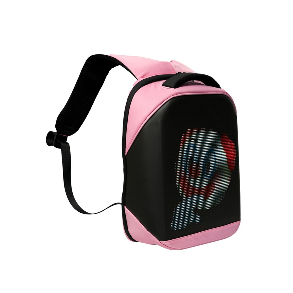 Ön panelinde parlak çizgi film yüzü bulunan pembe ve siyah sırt çantası.