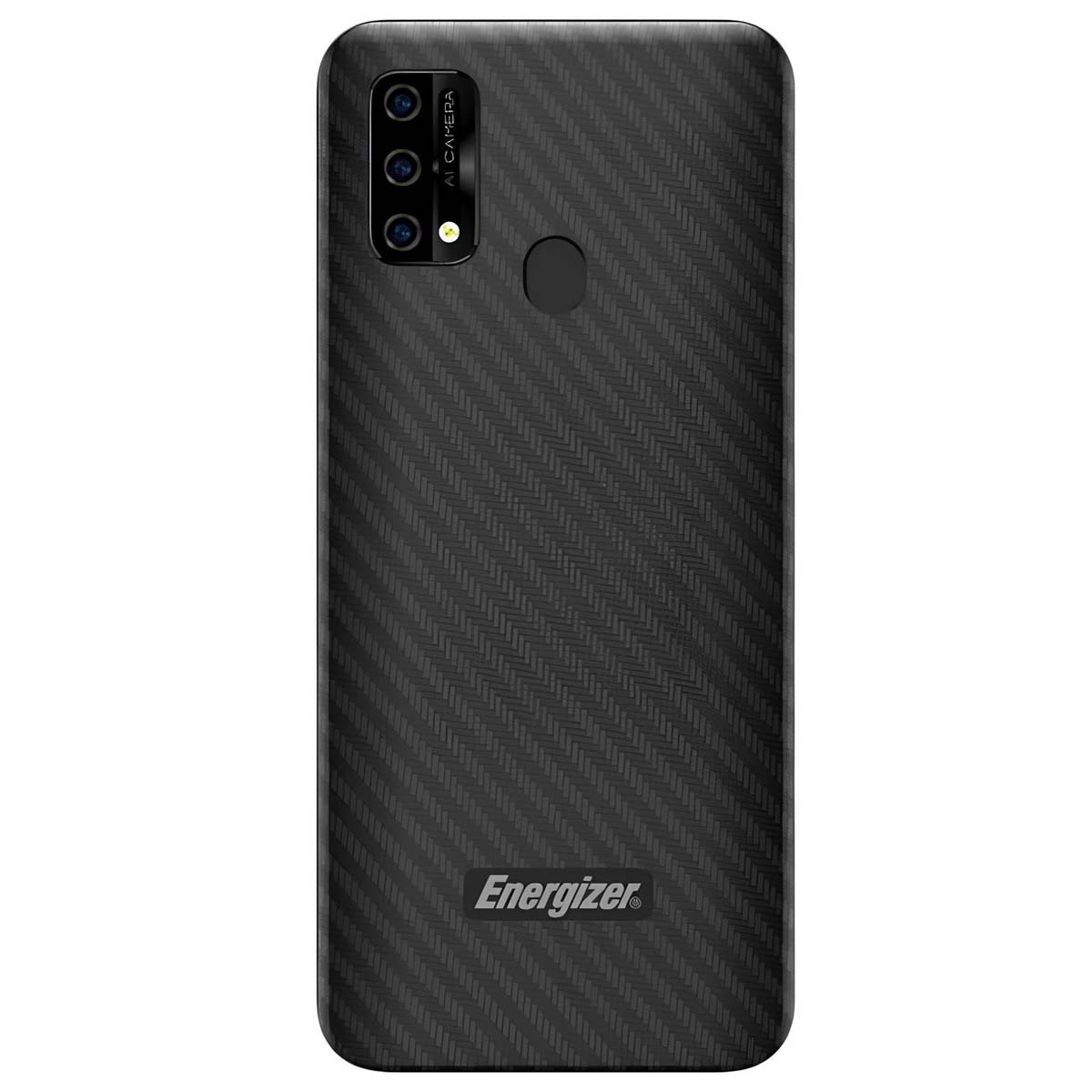 Tył czarnego smartfona Energizer ze wzorem z włókna węglowego i aparatem.