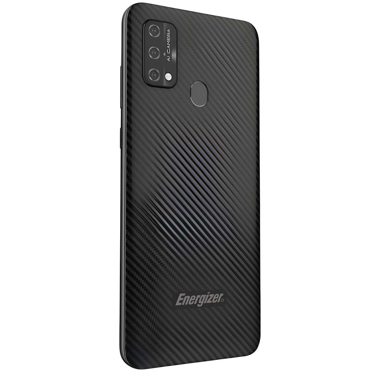 Czarny smartfon z teksturą włókna węglowego i modułem kamery AI.