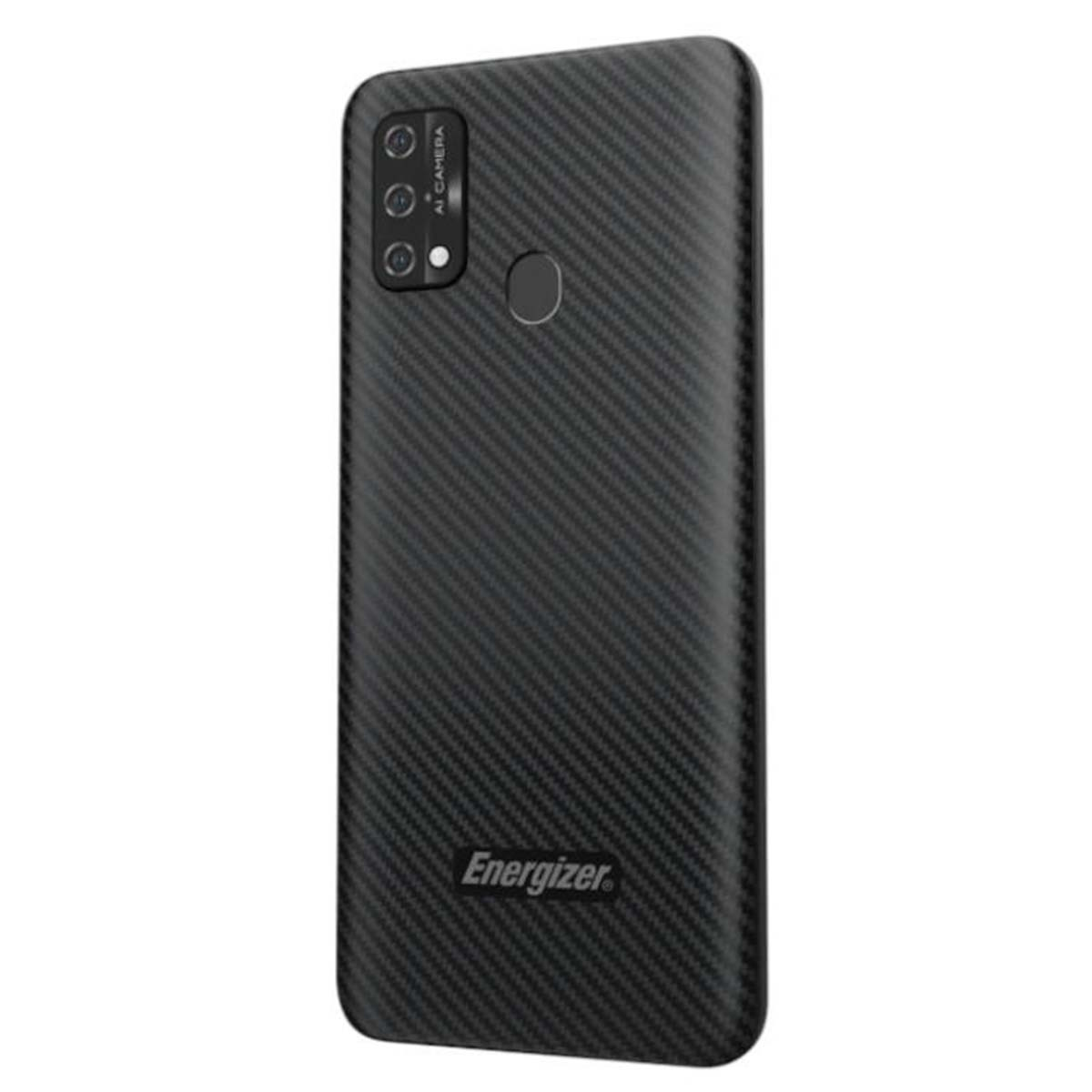 Czarny smartfon Energizer z wzorem karbonu i potrójnym aparatem.