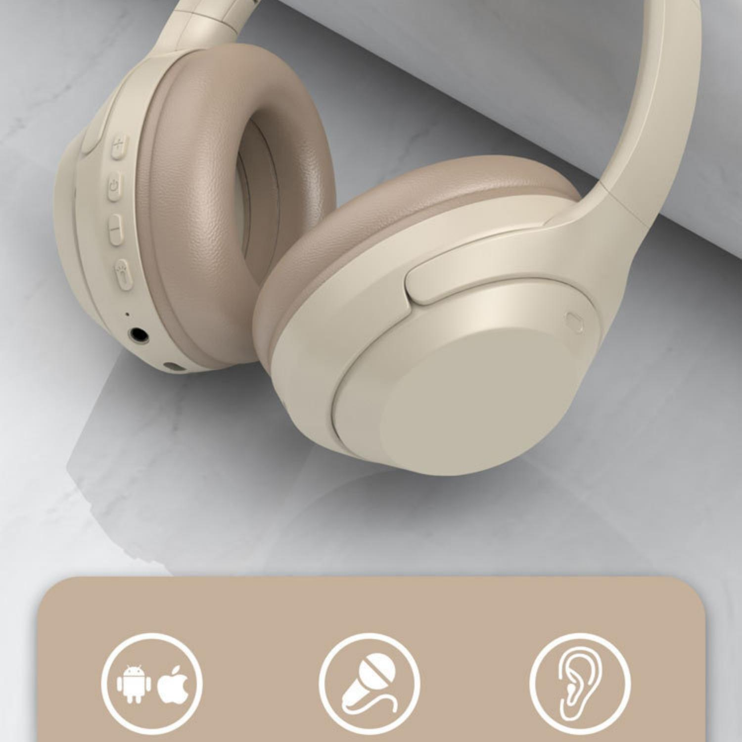 Beige Kopfhörer mit Tasten und Symbolen für Android, Apple, Mikrofon und Ohr.