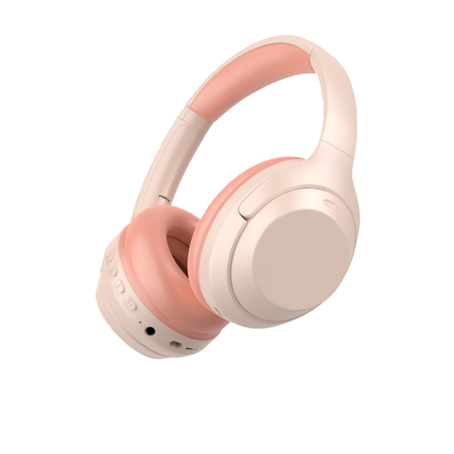 Beige und rosa Kopfhörer mit gepolstertem Bügel und Ohrmuscheln.