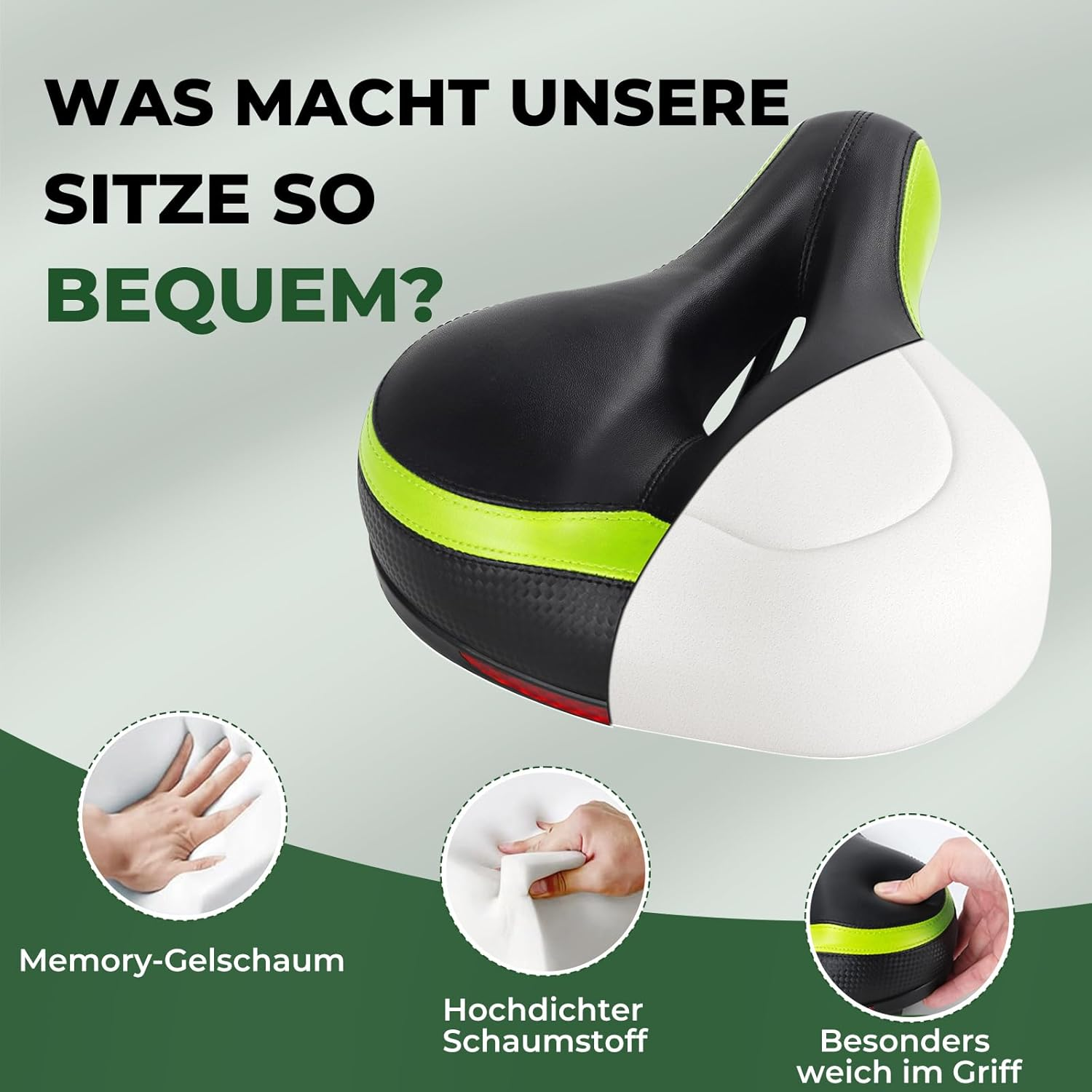 Schwarz-grüner Fahrradsitz mit Schaumstoff-Details und Text.