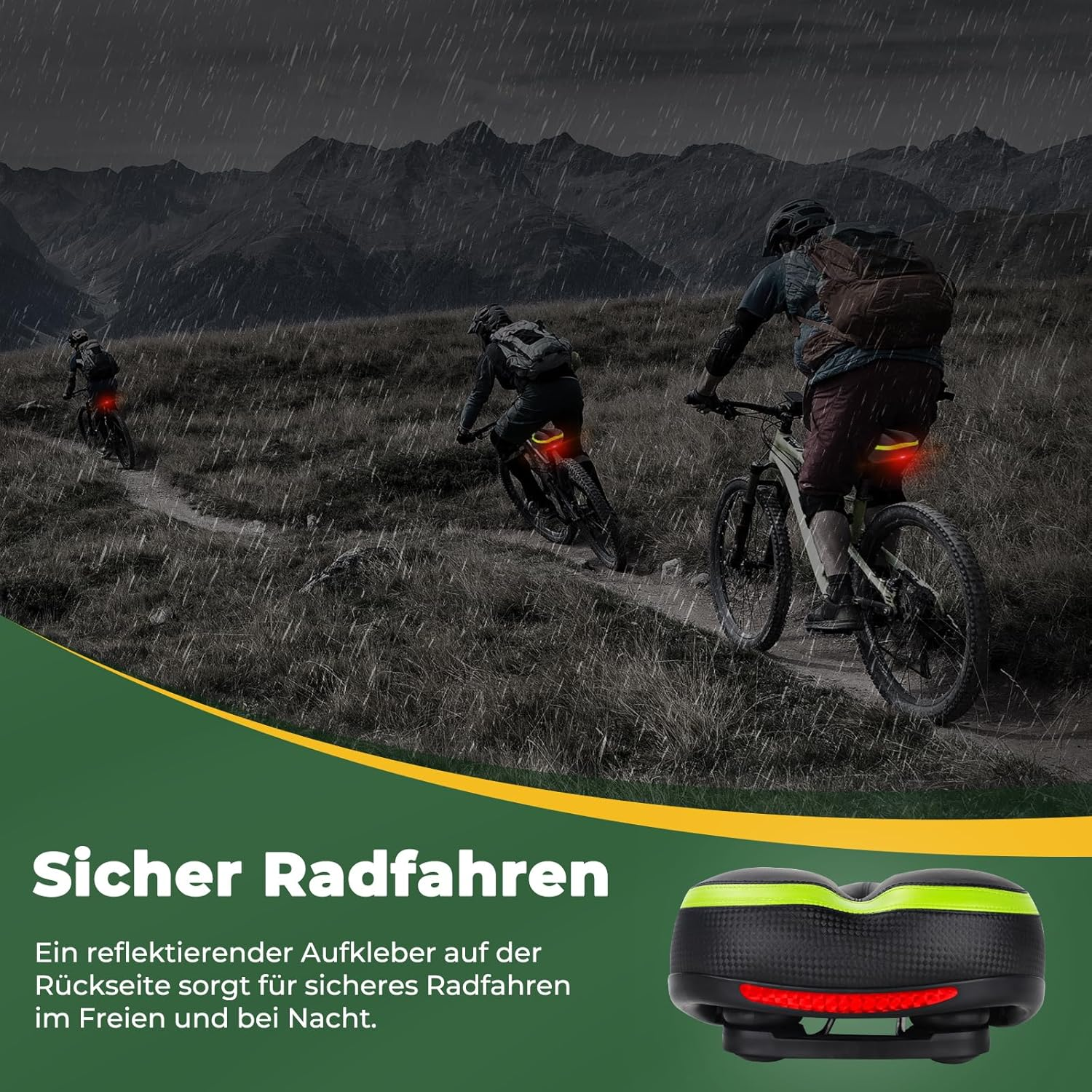 Radfahrer fahren im Regen auf einem Bergpfad mit roten Rücklichtern.