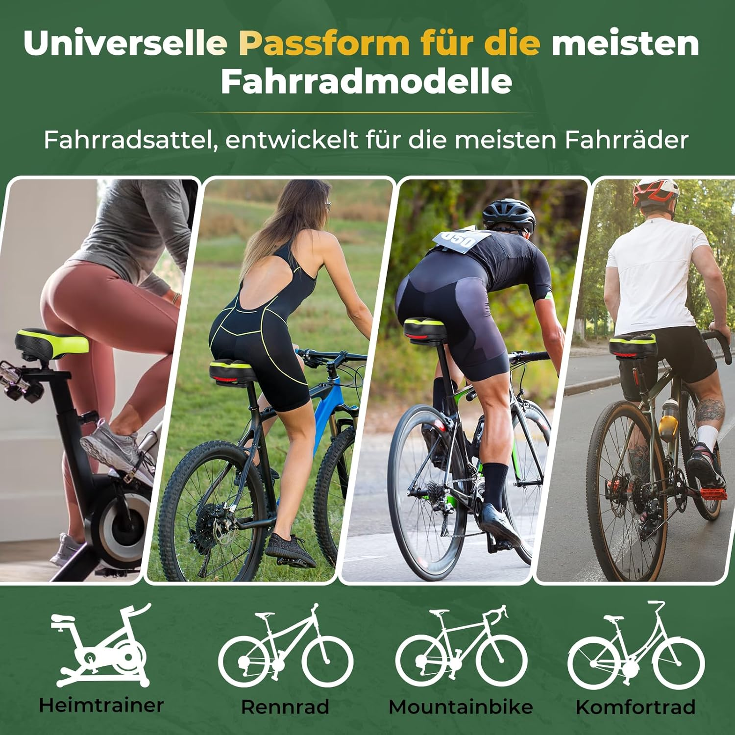Vier Bilder zeigen Fahrradsitze auf verschiedenen Rädern und einem Heimtrainer.