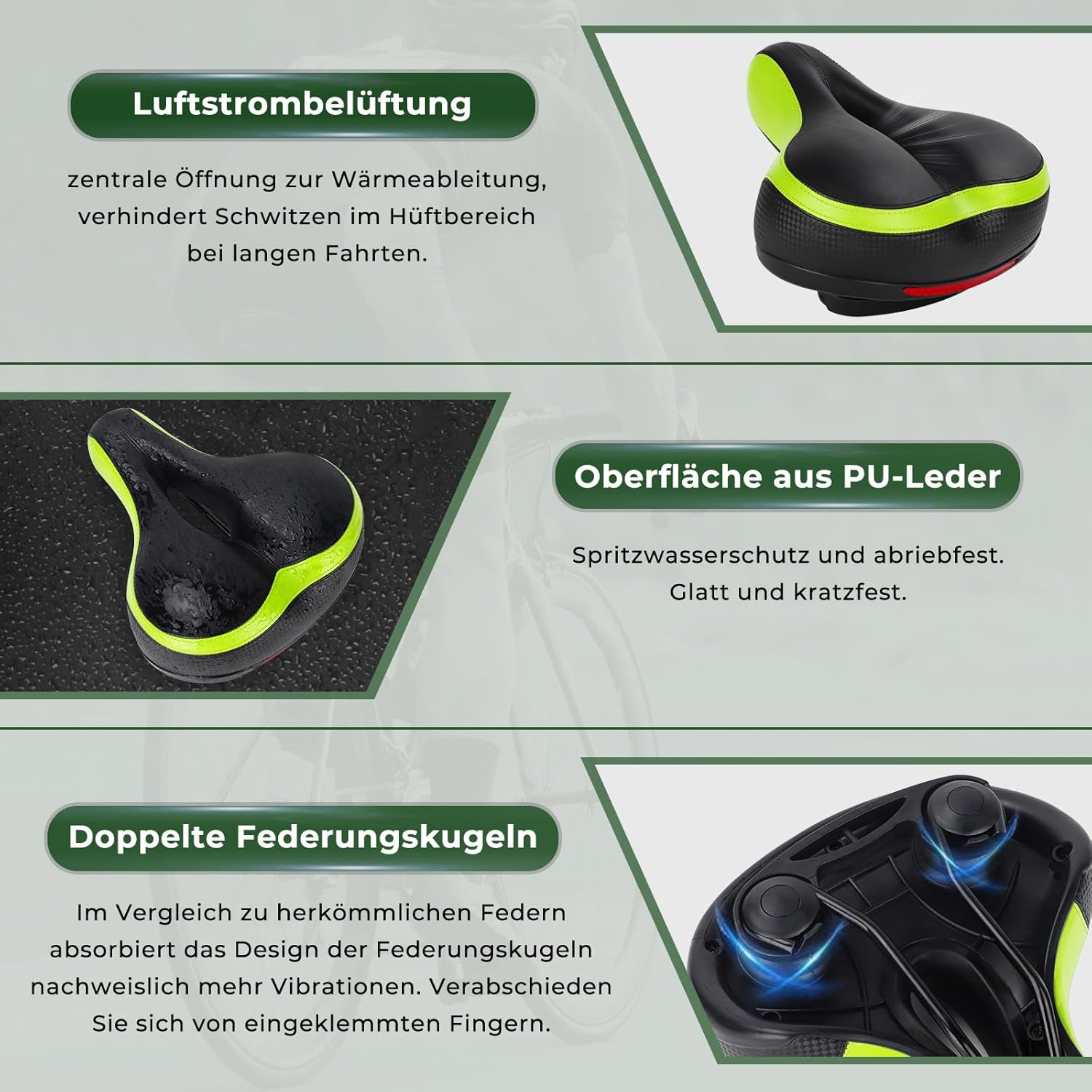 Schwarzer Fahrradsattel mit grünen Akzenten, mit Belüftung und Stoßdämpfern.