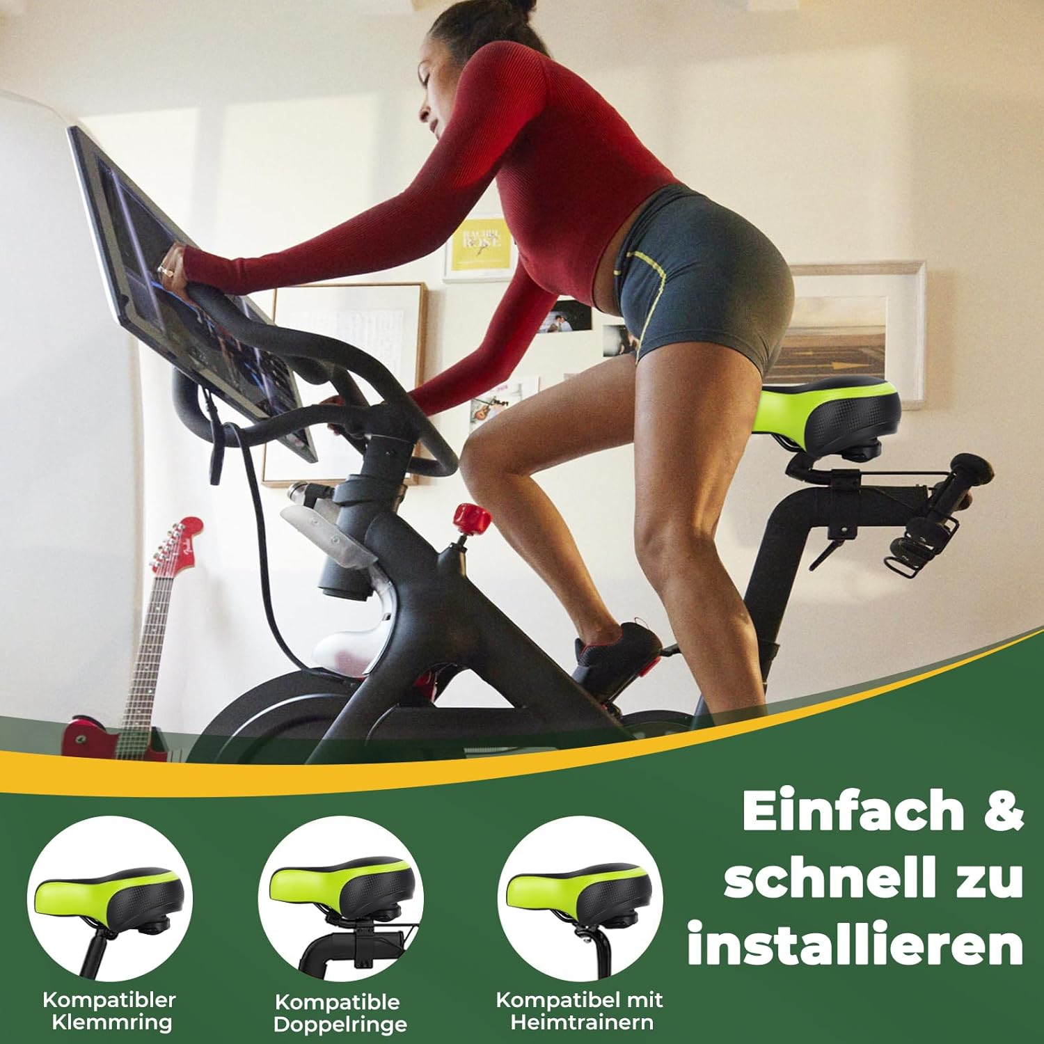 Eine Frau trainiert auf einem Heimtrainer mit einem großen Bildschirm. Ein rotes E-Gitarre steht im Hintergrund.