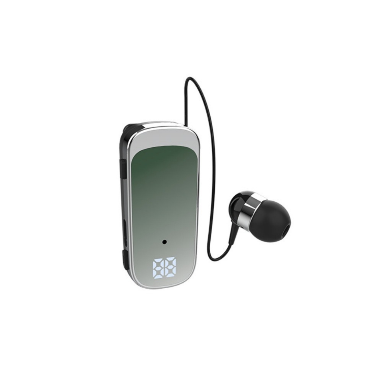 Ein silberner Bluetooth-Empfänger mit einem Ohrhörer auf weißem Hintergrund.