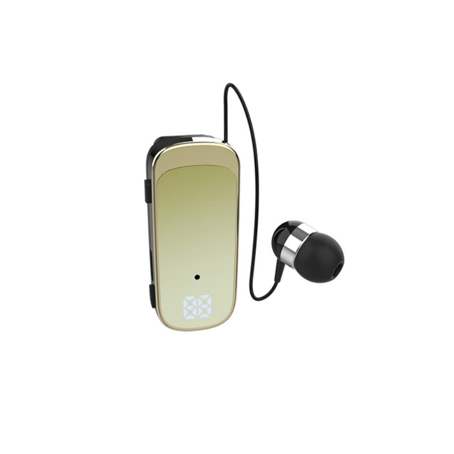 Goldener kabelloser Ohrhörer mit schwarzem Ohrstöpsel und digitaler Anzeige.