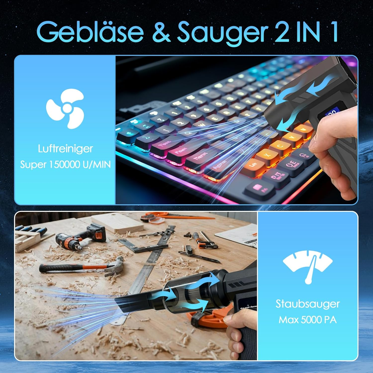 Luftreiniger bläst Tastatur, Staubsauger reinigt Werkbank. 2-in-1 Gerät.