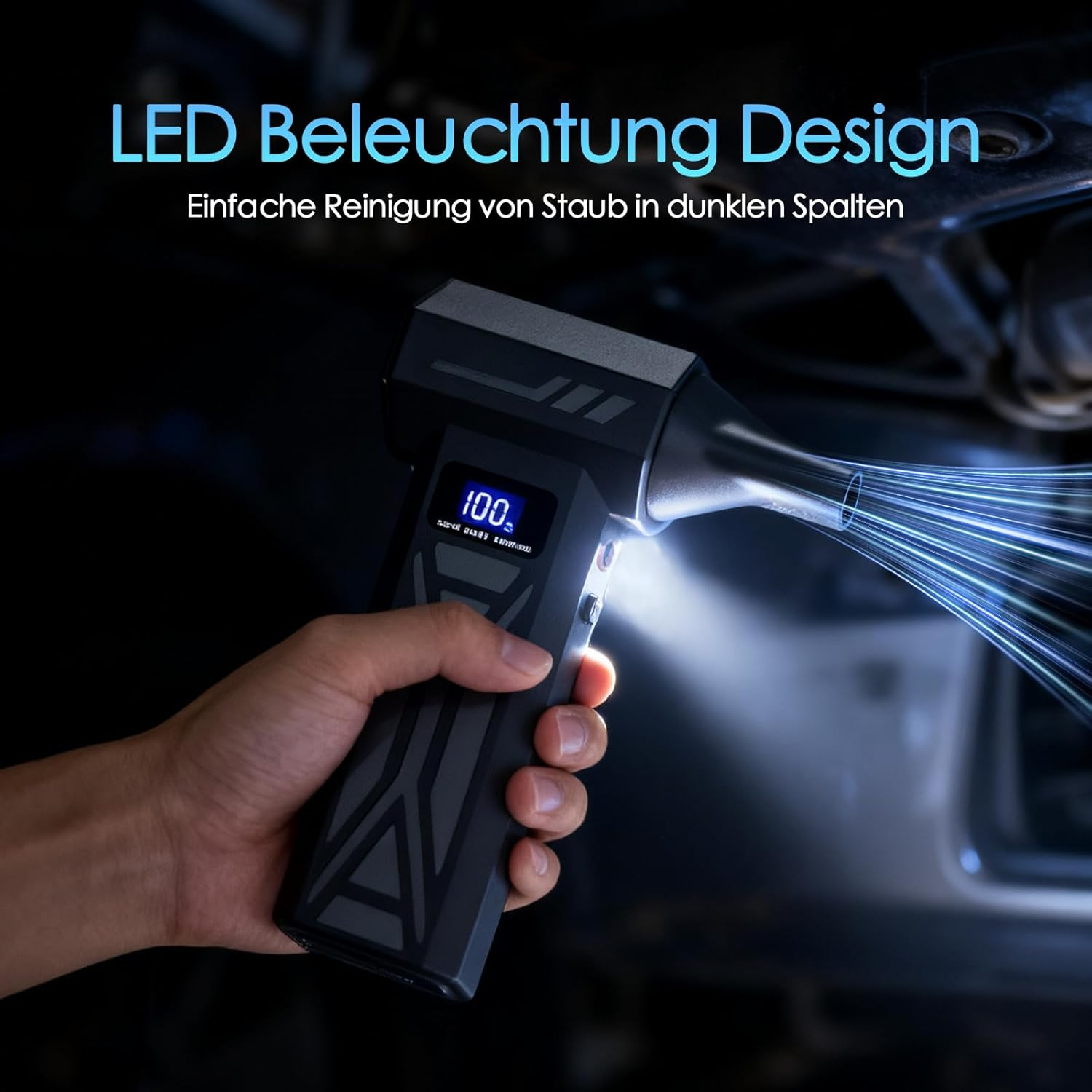 Hand hält schwarzes Gerät mit LED-Licht, das in dunklen Spalt leuchtet.