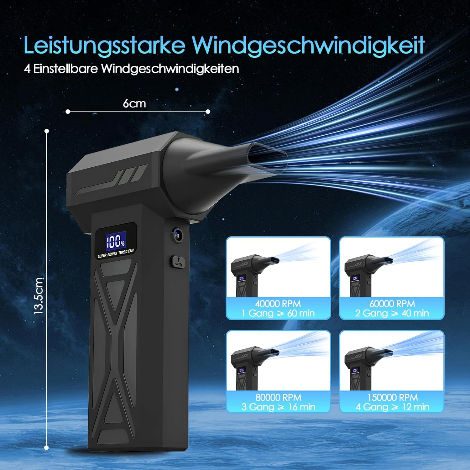 Schwarzer Turbo-Ventilator mit 4 Einstellungen (40k-150k RPM) und LCD-Display.