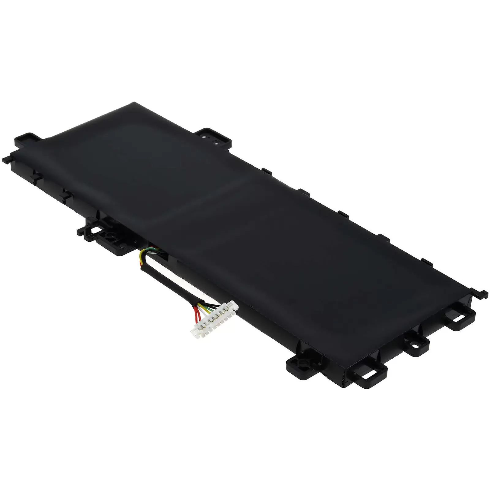 Schwarzer Laptop-Akku mit Kabeln und Steckverbinder.