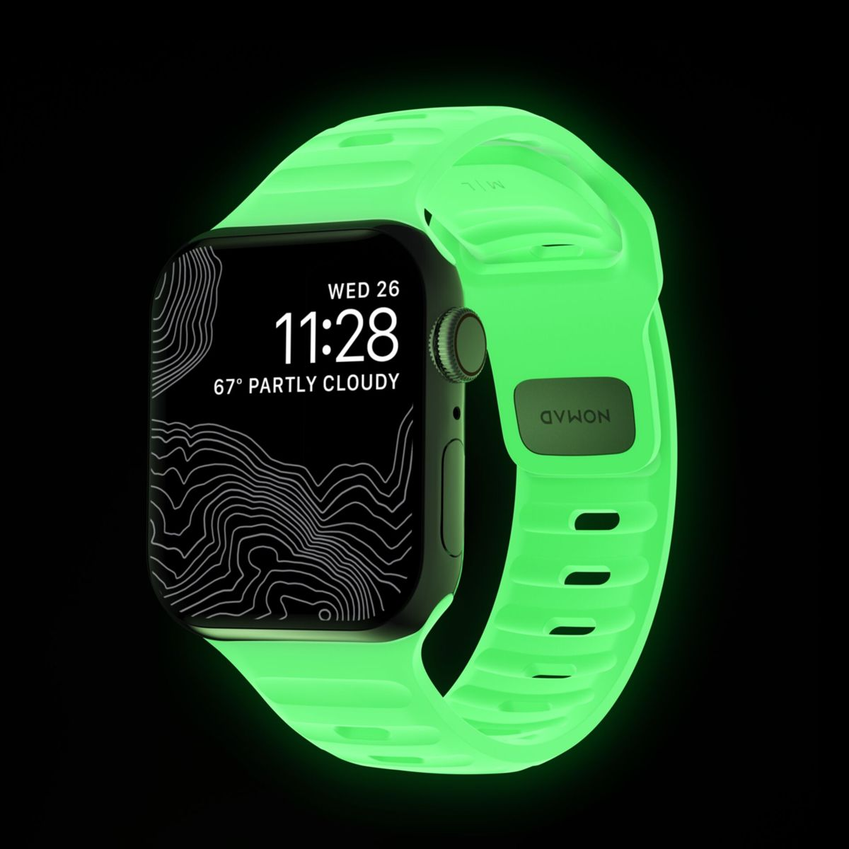 Leuchtgrünes Apple Watch Band mit schwarzem Zifferblatt, zeigt 11:28 Uhr.