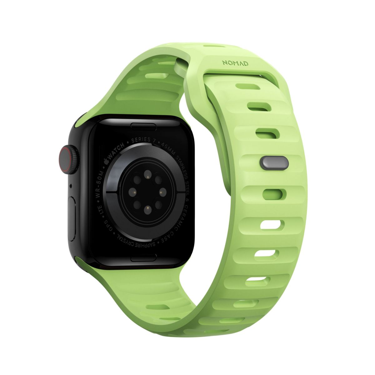 Ein hellgrünes Apple Watch Band mit schwarzer Uhr. Nomad-Logo oben.