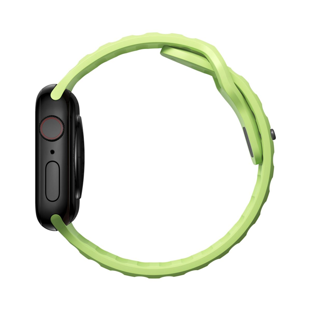 Schwarze Smartwatch mit hellgrünem Armband, von der Seite gezeigt.