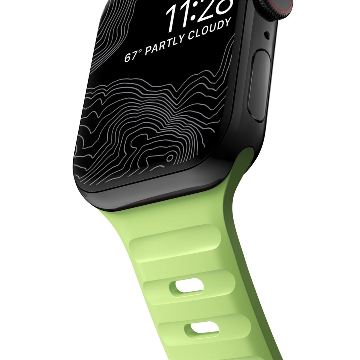 Eine Nahaufnahme einer hellgrünen Smartwatch mit schwarzem Gehäuse und Topografiekarten-Zifferblatt.