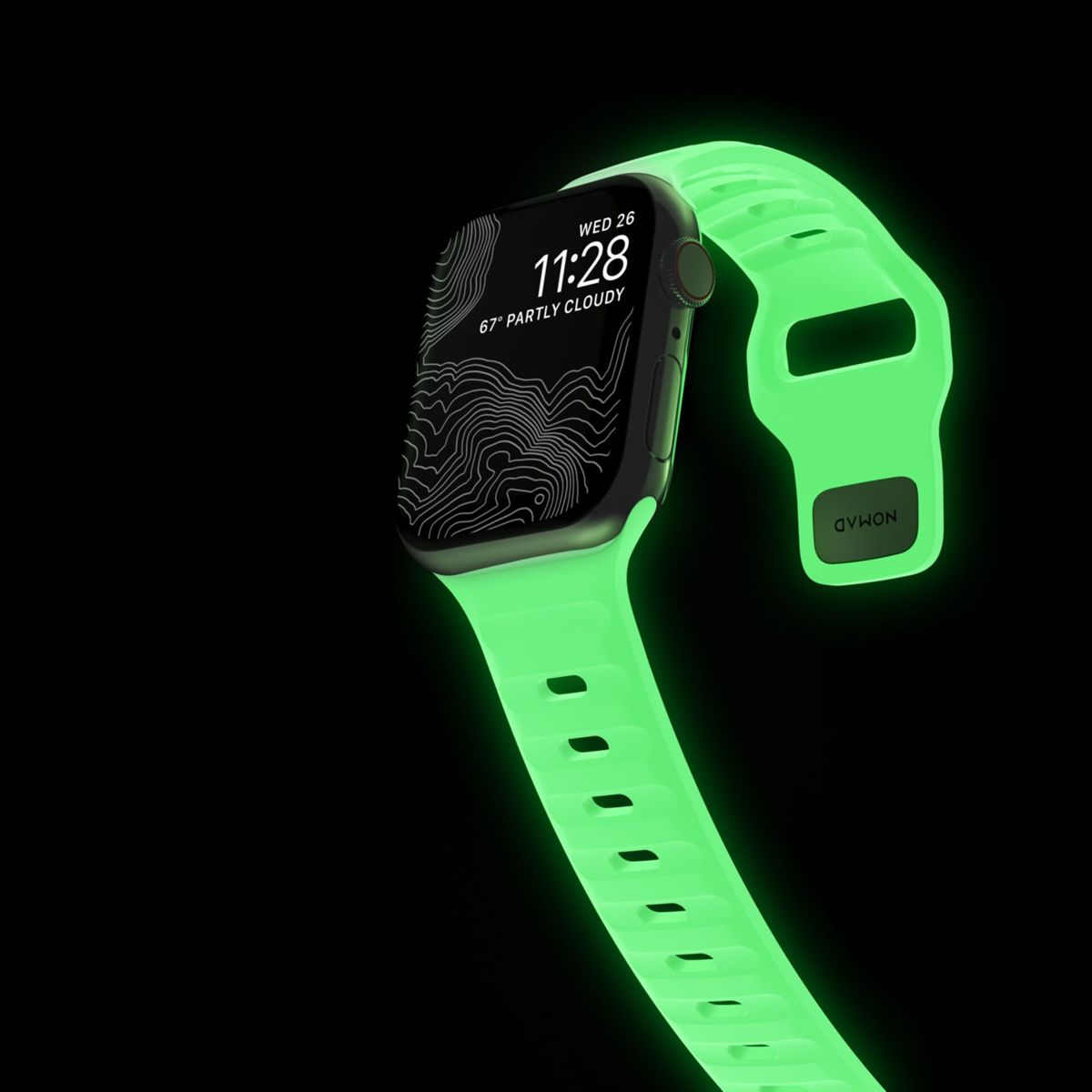 Eine leuchtende grüne Apple Watch mit schwarzem Gehäuse und Karten-Zifferblatt.