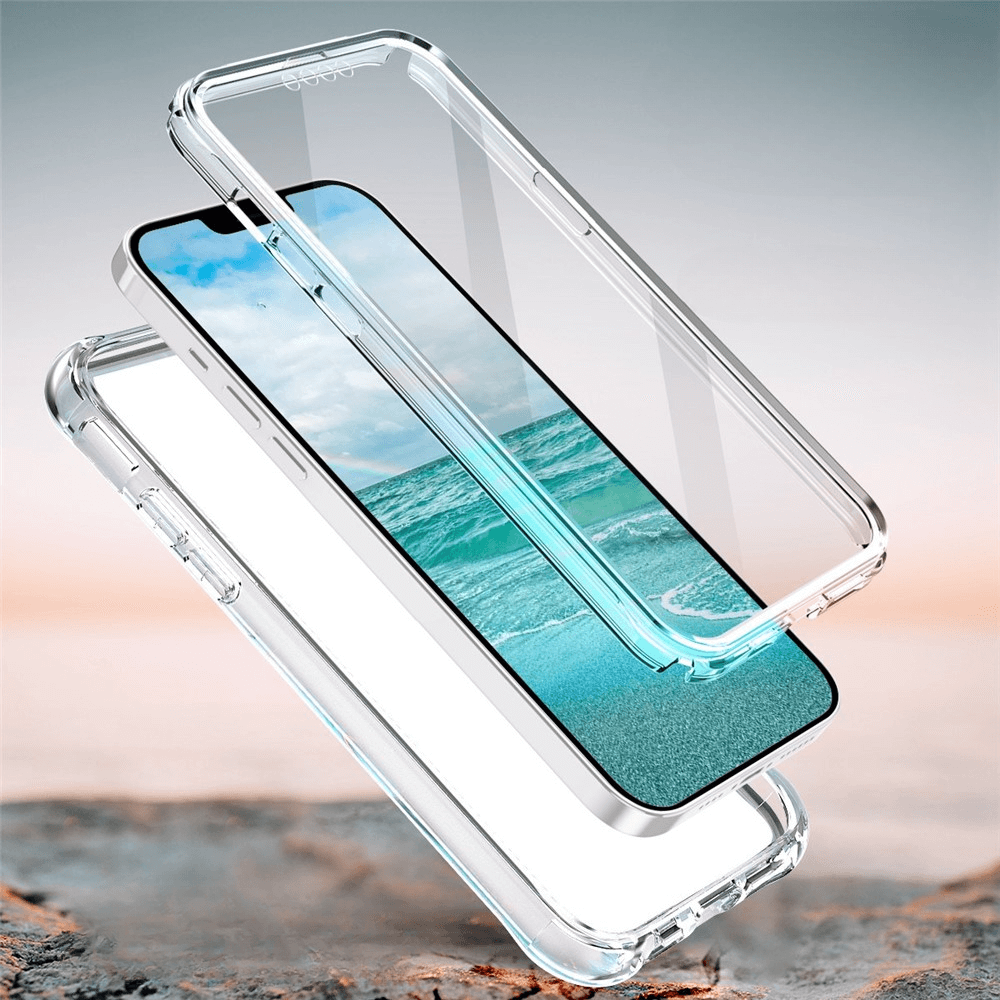 Un set di cover trasparenti per telefono in due pezzi su un telefono con sfondo marino.