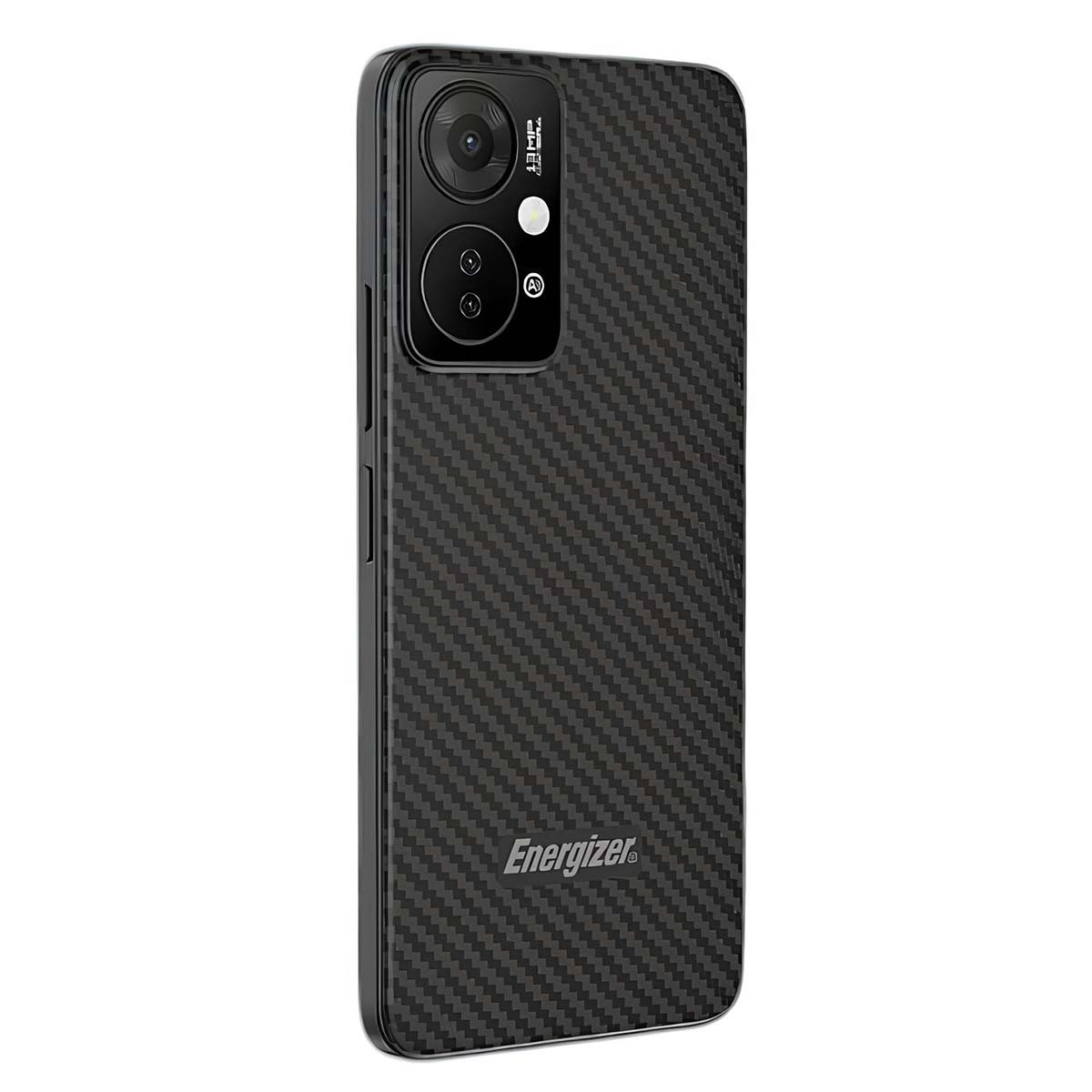 Uno smartphone Energizer nero con motivo in fibra di carbonio e tripla fotocamera.