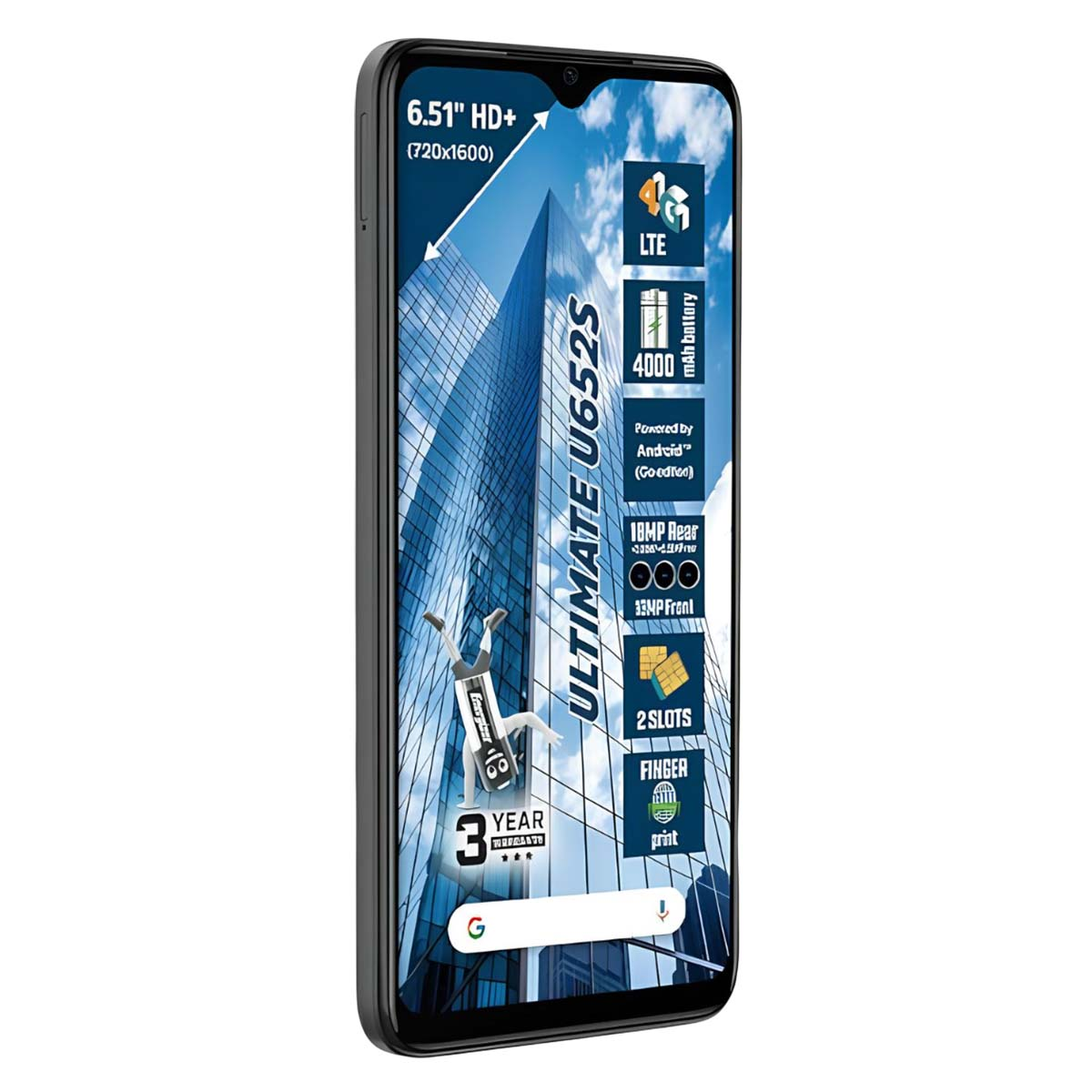 Smartphone con display HD+ da 6,51", LTE, batteria da 4000 mAh, fotocamera posteriore 18 MP.