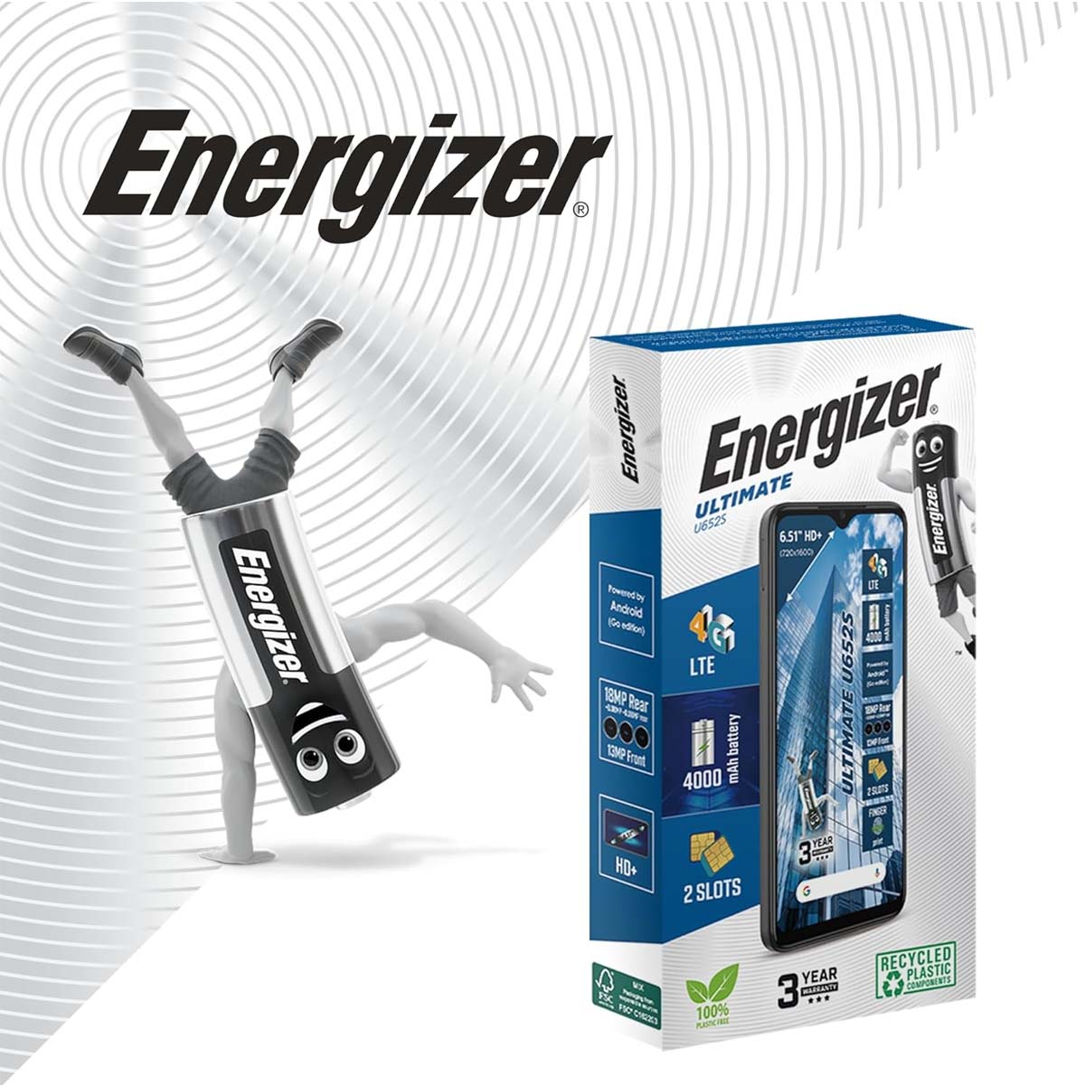 Logo Energizer sopra un personaggio simile a una batteria in piedi sulla testa. Accanto una scatola di telefono.