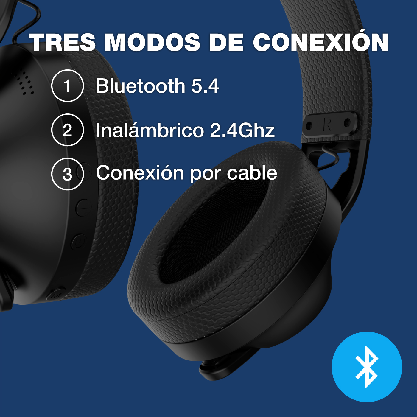 Czarne słuchawki pokazujące trzy tryby połączenia: Bluetooth 5.4, bezprzewodowe 2.4Ghz, kabel