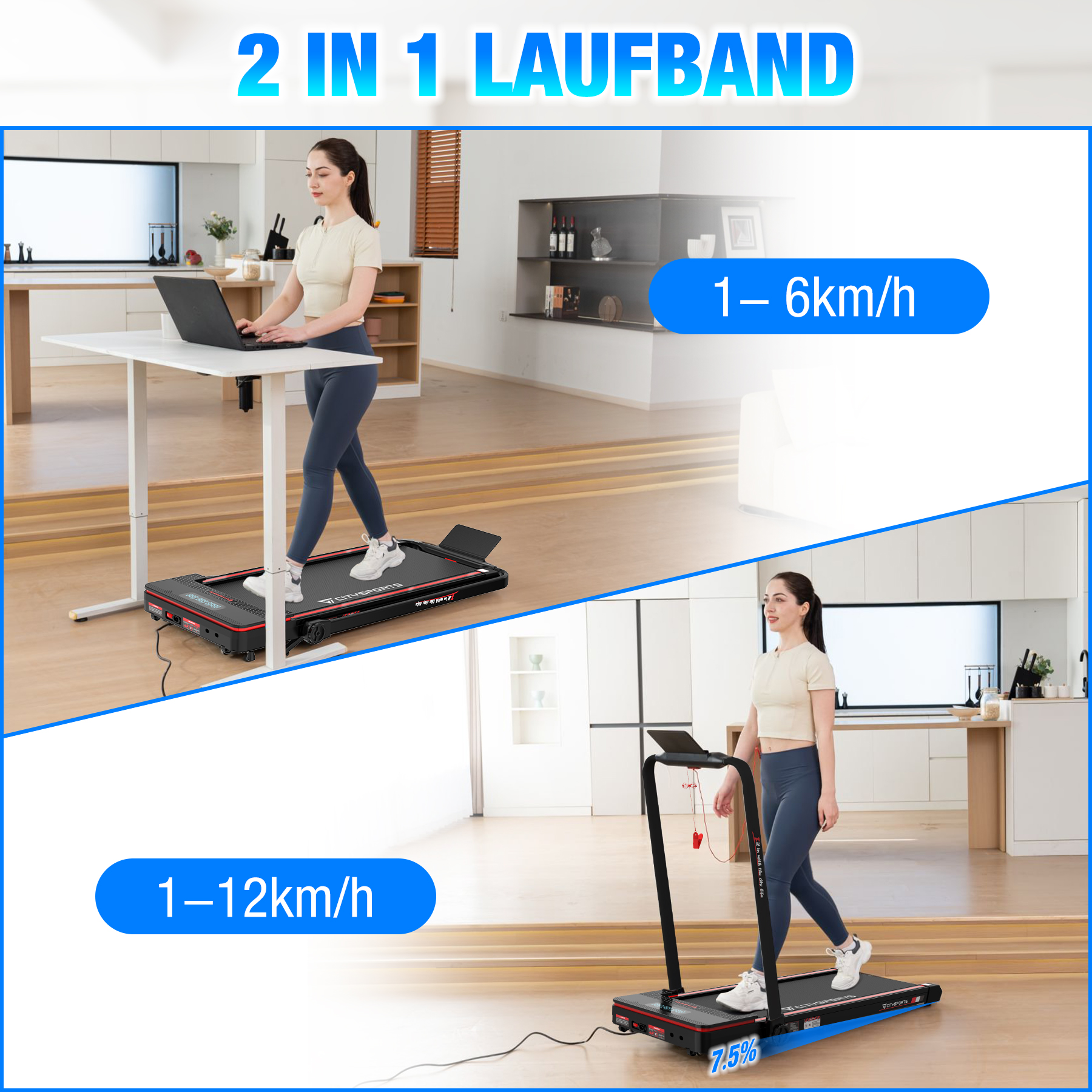 Frau auf Laufband: oben am Stehtisch mit Laptop, unten auf Laufband mit Griff.