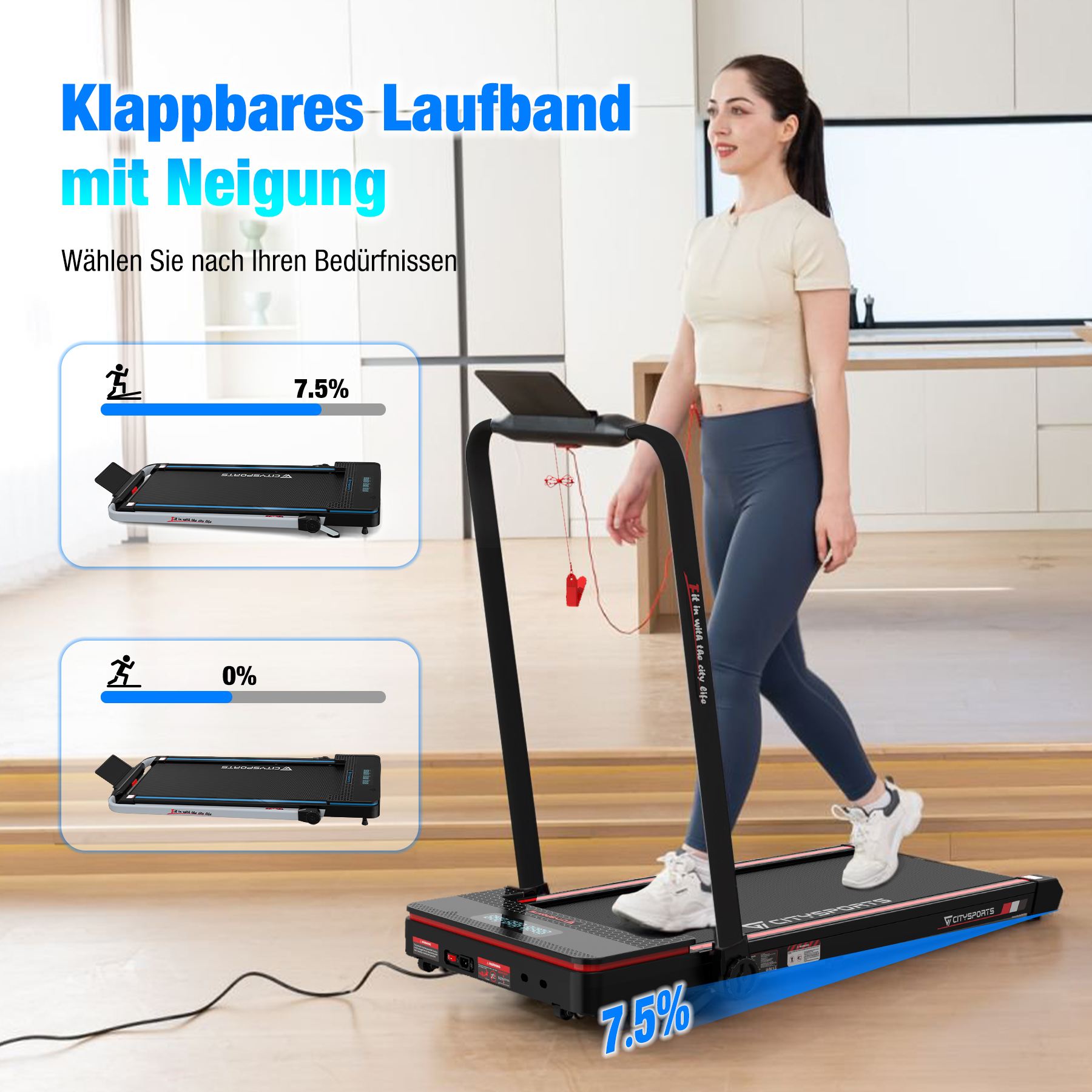Eine Frau benutzt ein faltbares Laufband mit 7,5 % Neigung in einem modernen Zuhause.