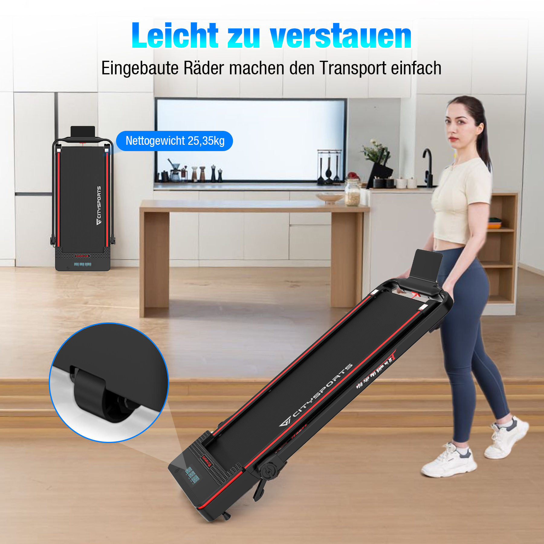 Eine Frau schiebt ein schwarzes Laufband mit roten Akzenten in einer modernen Küche.