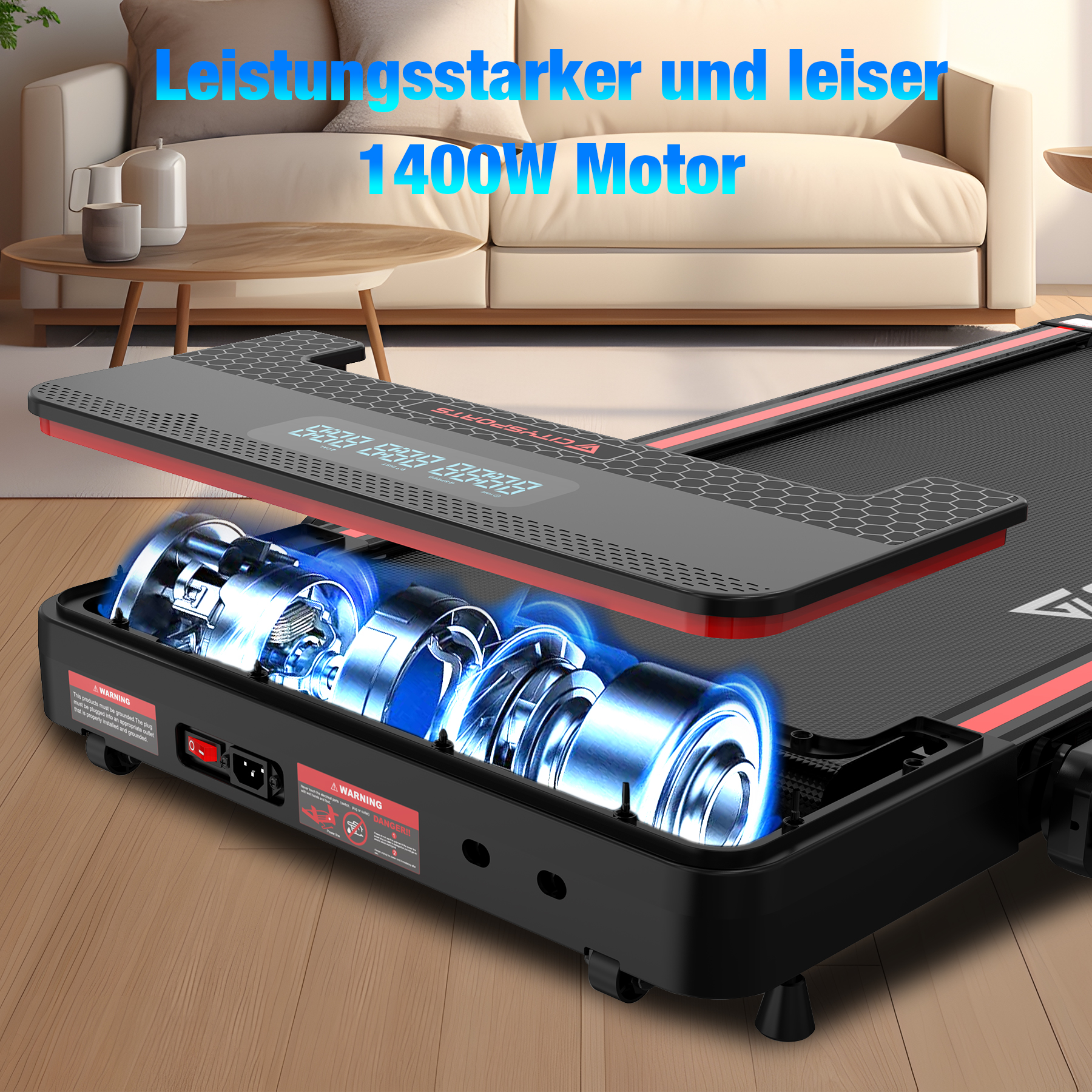 Ein Laufbandmotor mit 1400W Leistung, leise und stark, mit blauer Beleuchtung.