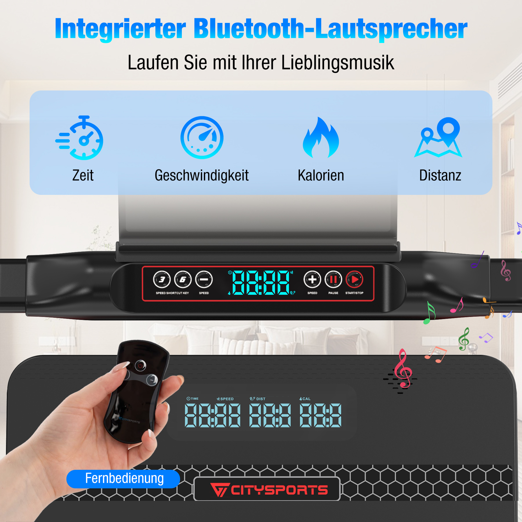 Ein Laufband mit integriertem Bluetooth-Lautsprecher. Icons für Zeit, Geschwindigkeit, Kalorien, Distanz.