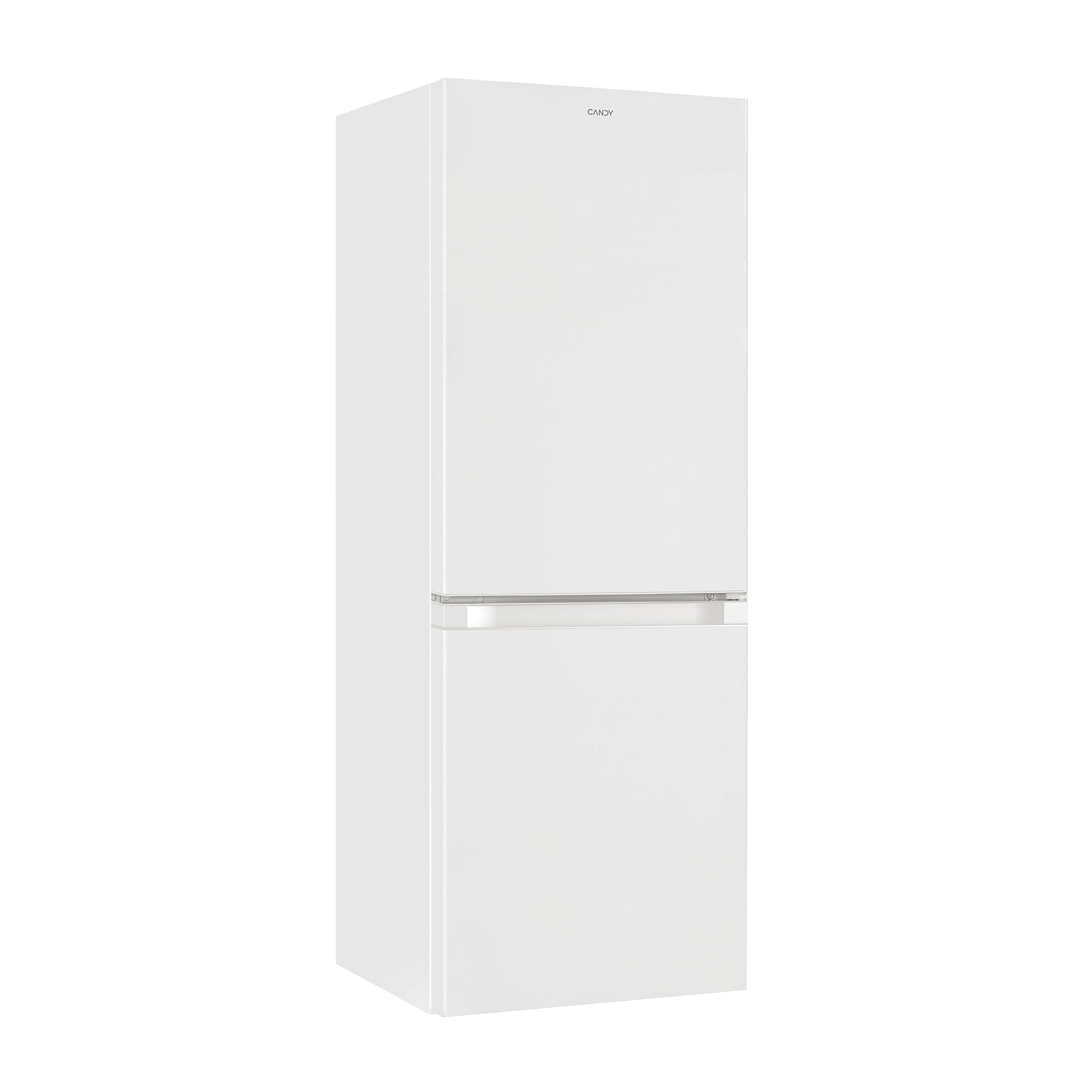 Ein weißer Candy Kühlschrank mit zwei Türen, mit silbernem Griff.