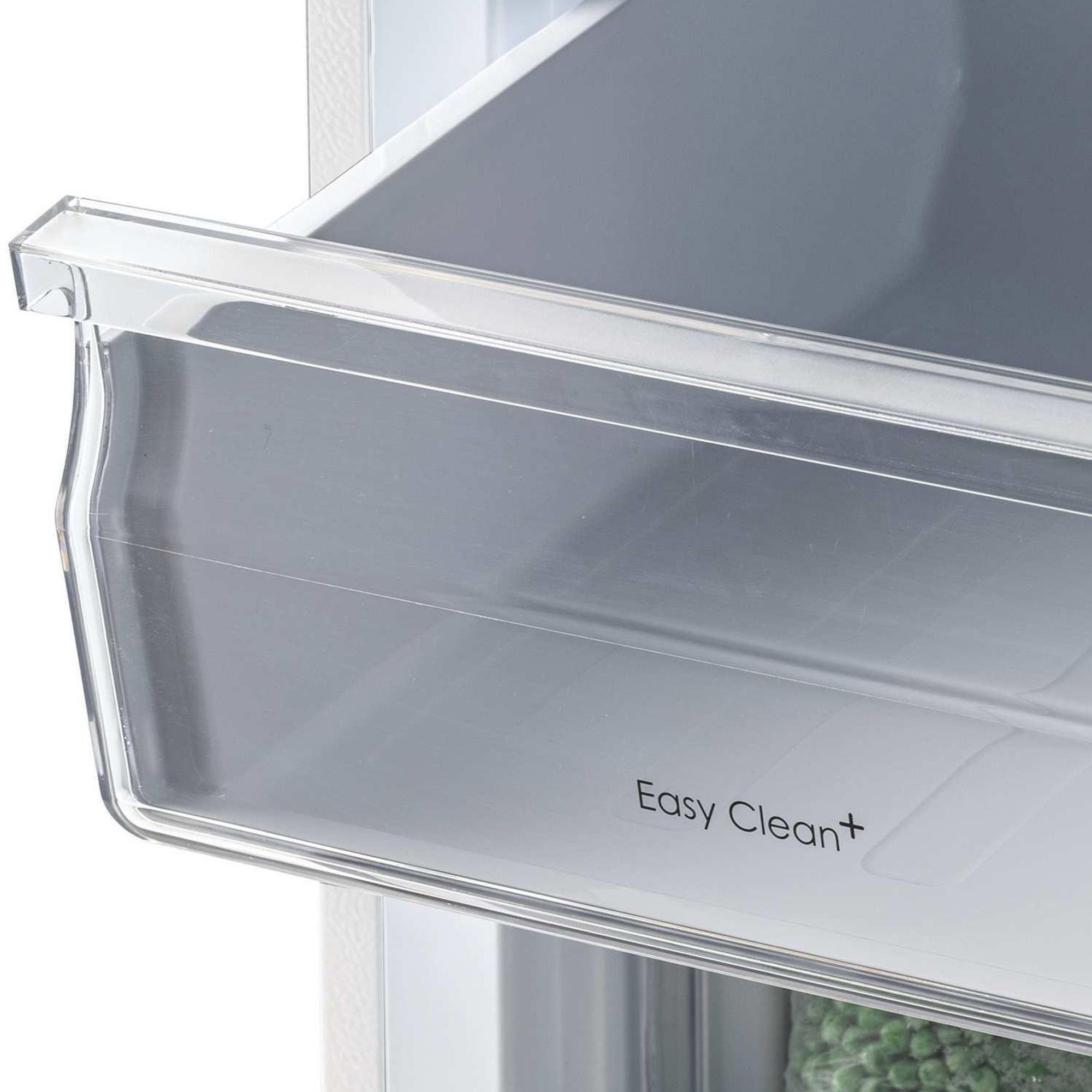 Ein transparenter Kühlschub mit der Aufschrift "Easy Clean+".