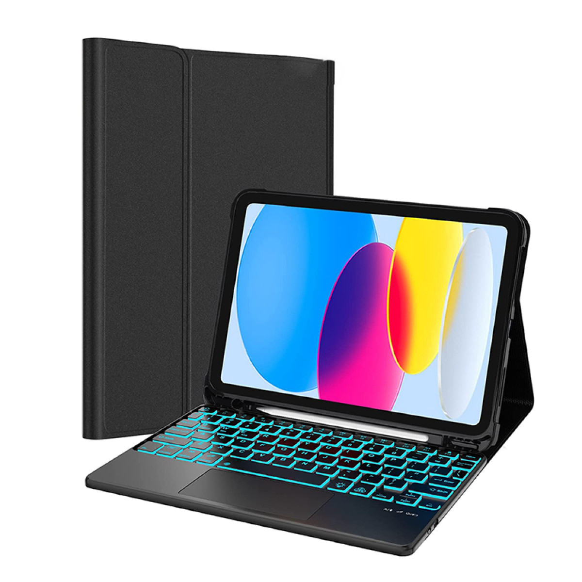 Czarny tablet z podświetlaną klawiaturą obok czarnego etui ochronnego.