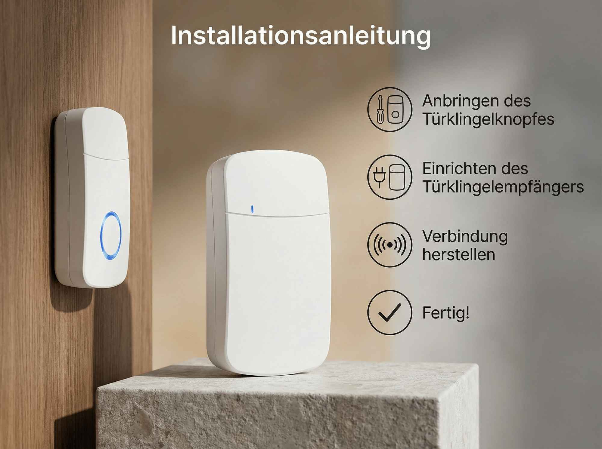 Installationsanleitung für eine Türklingel mit Knopf und Empfänger.
