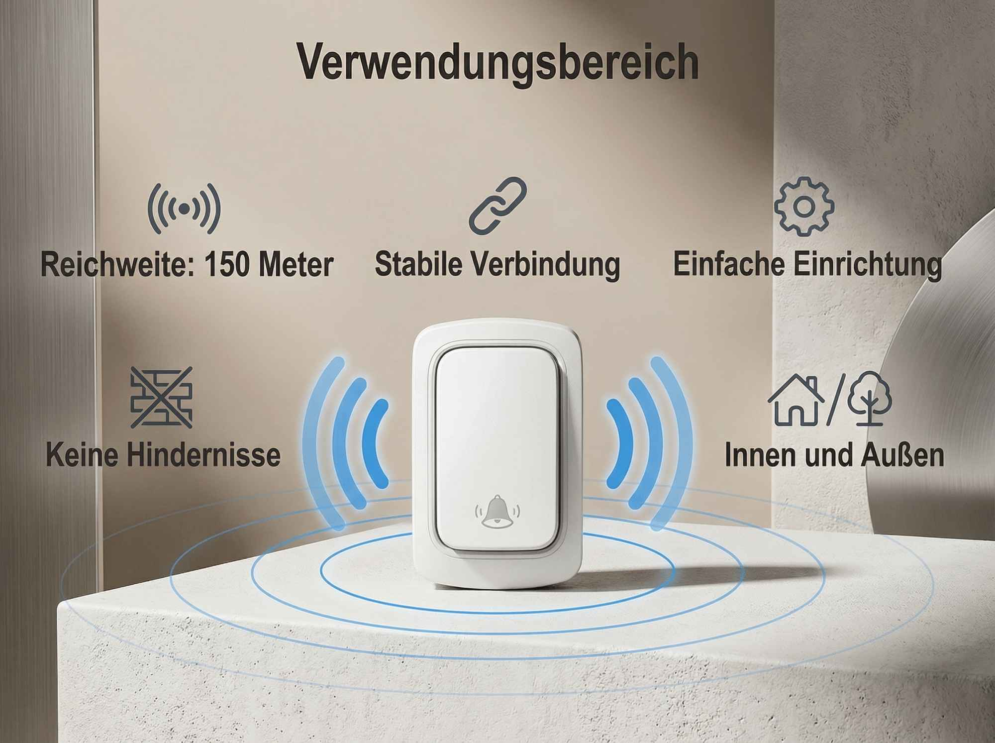 Ein weißer Türklingelknopf mit Funkwellen, der die Reichweite, Verbindung und Einrichtung anzeigt.