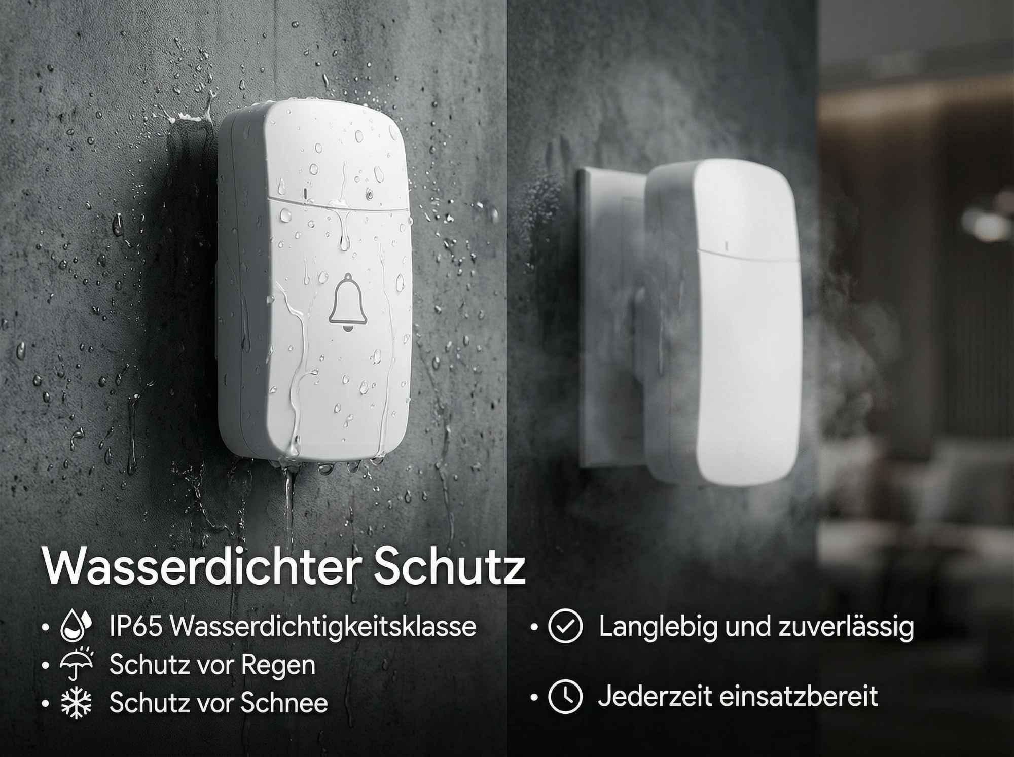Weiße Türklingel mit Glockensymbol, wasserdicht, an grauer Wand.