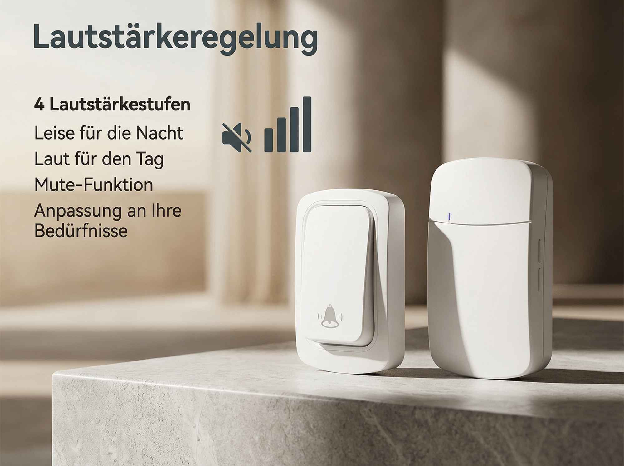 Ein weißer Türgong-Sender mit Lautstärkesymbolen und Text.