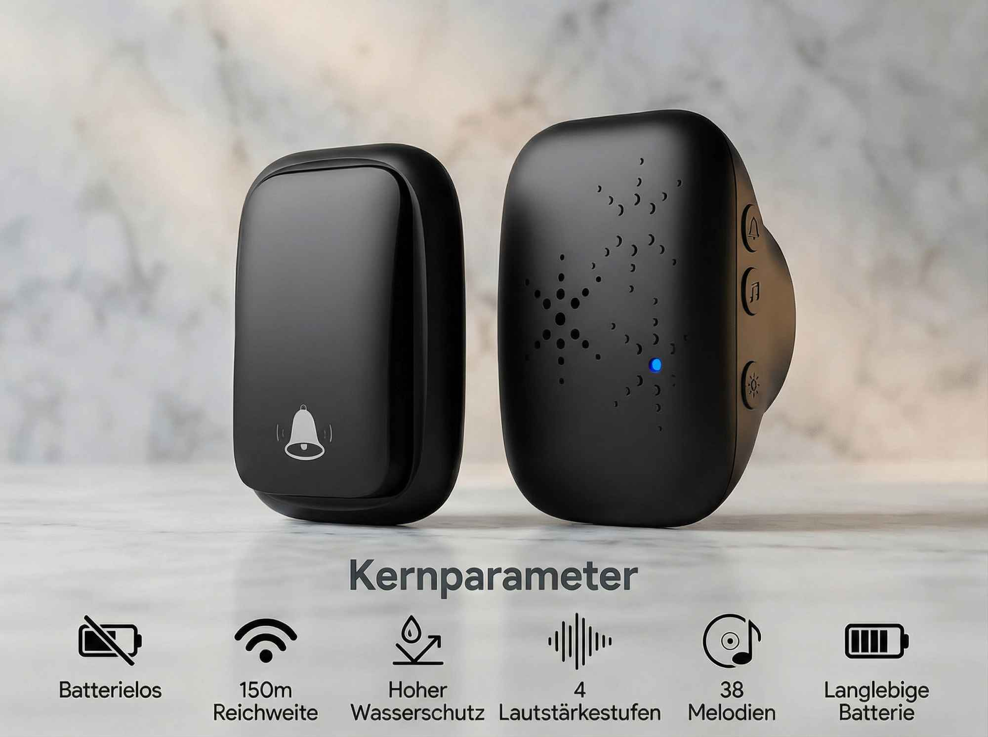 Zwei schwarze Türklingel-Komponenten mit Icons und Text für Kernparameter.