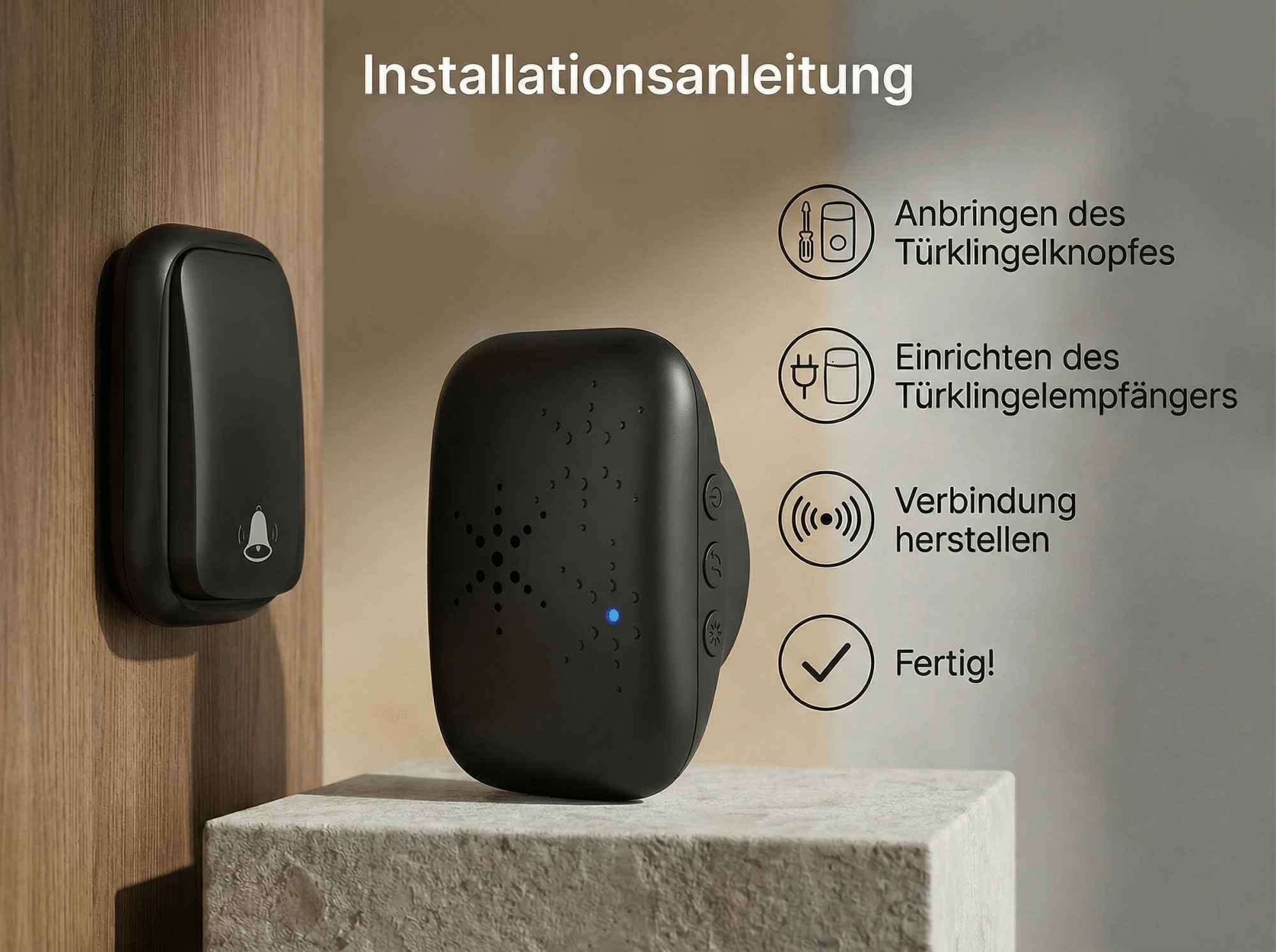 Installationsanleitung für Türklingel: Knopf, Empfänger, Verbindung, Fertig.