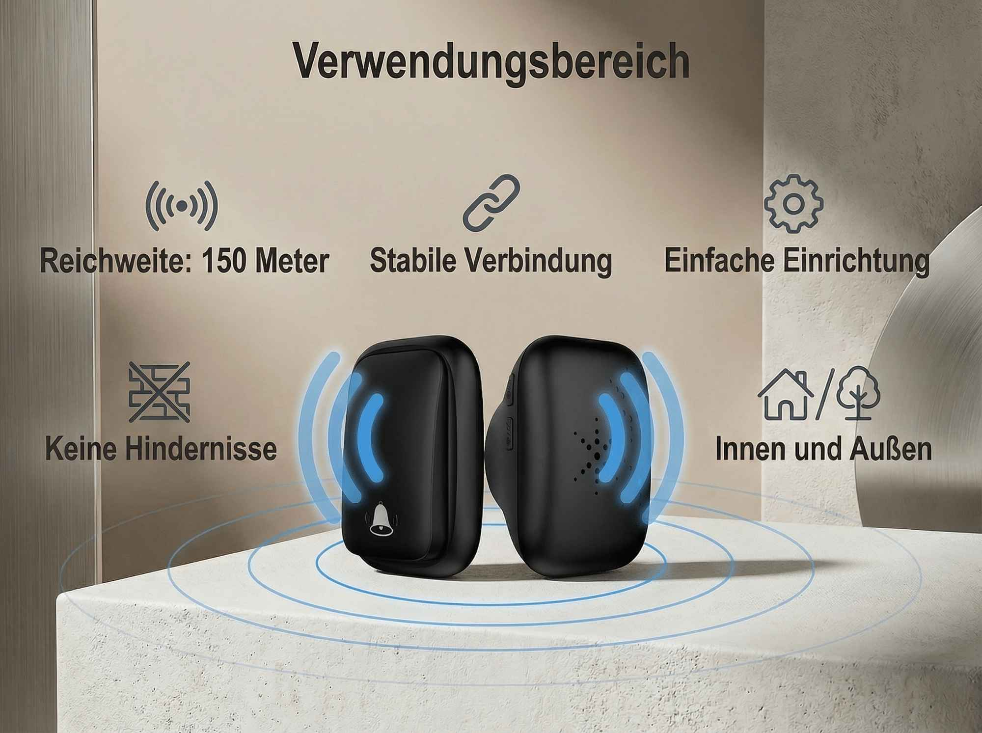 Zwei schwarze Türklingeln mit blauen Wellen, die Reichweite, Verbindung, Einrichtung, Hindernisse und Innen/Außen anzeigen.