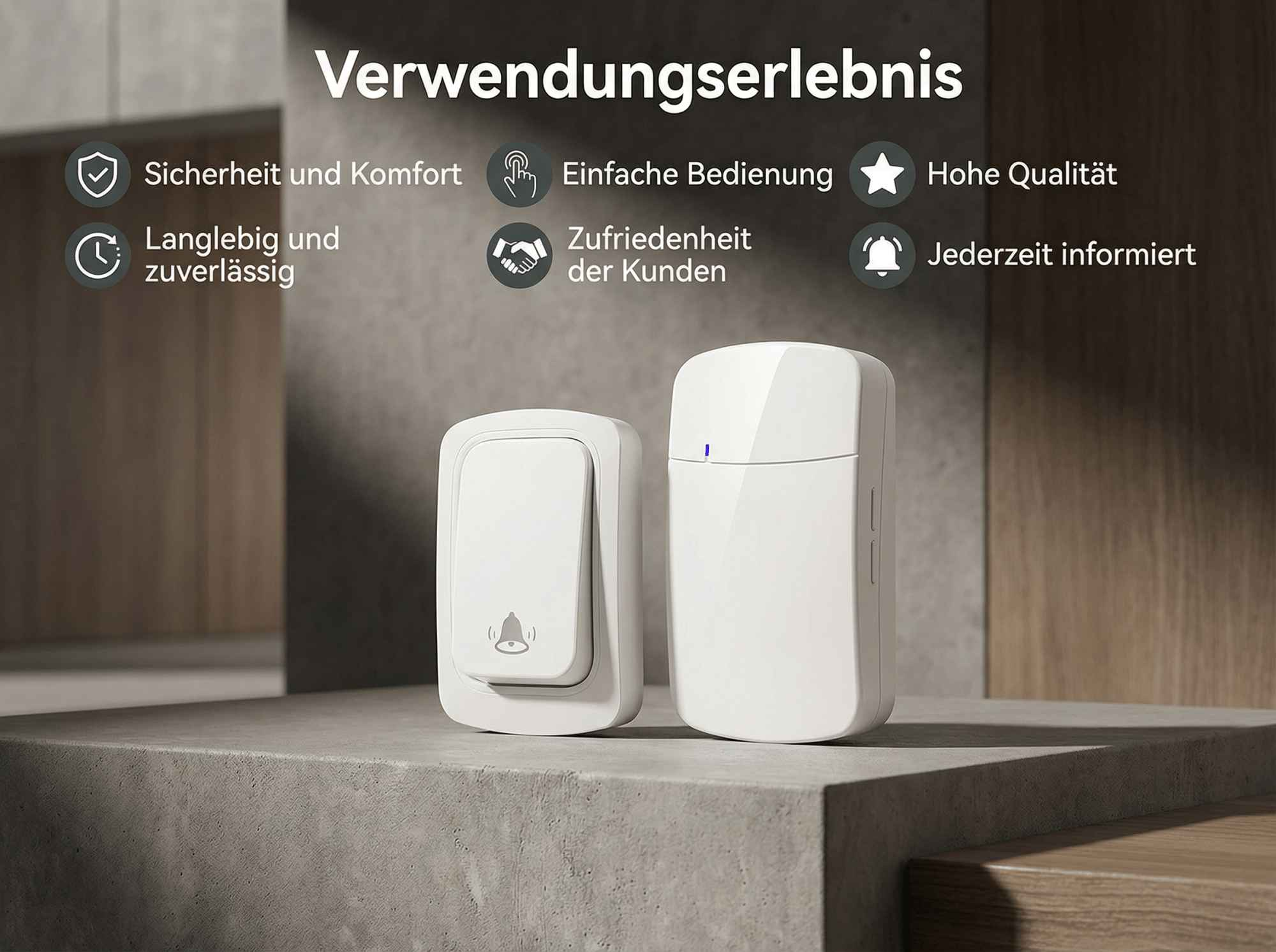 Ein weißer Türklingelknopf und Empfänger stehen auf einer Betonoberfläche.