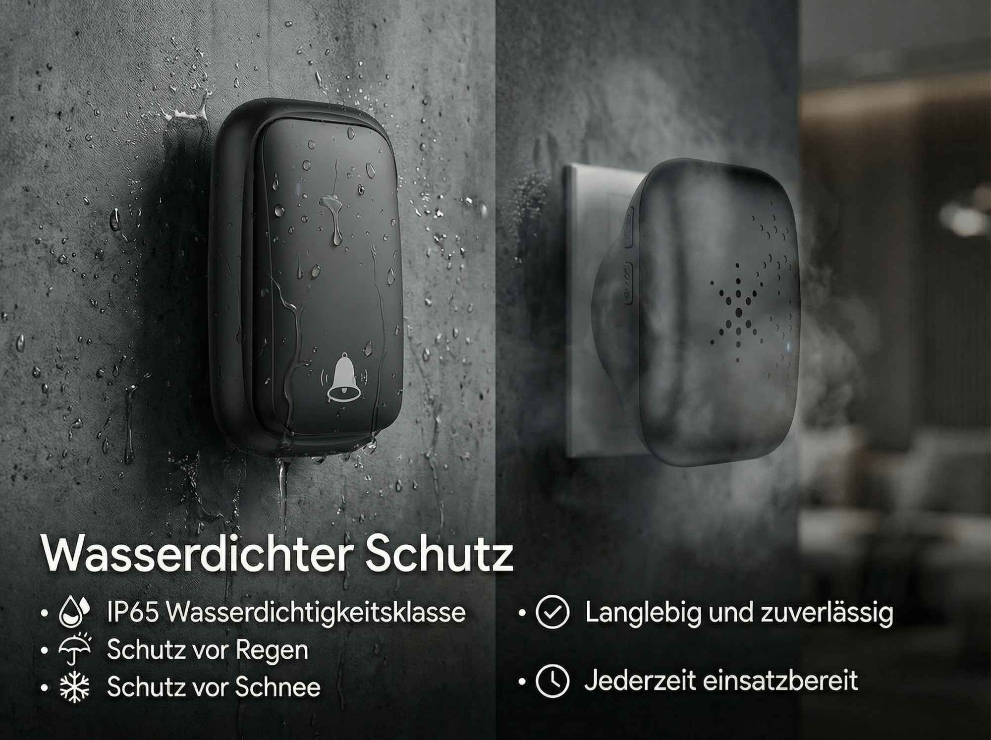 Zwei wasserdichte Klingel-Einheiten an einer Wand, eine mit Wassertropfen.