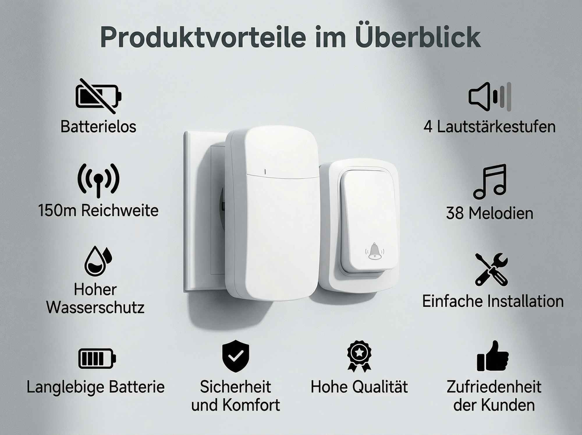 Produktvorteile: Batterielos, 150m Reichweite, Wasserschutz, lange Batterie, Sicherheit, 4 Lautstärken, 38 Melodien, einfache Installation.