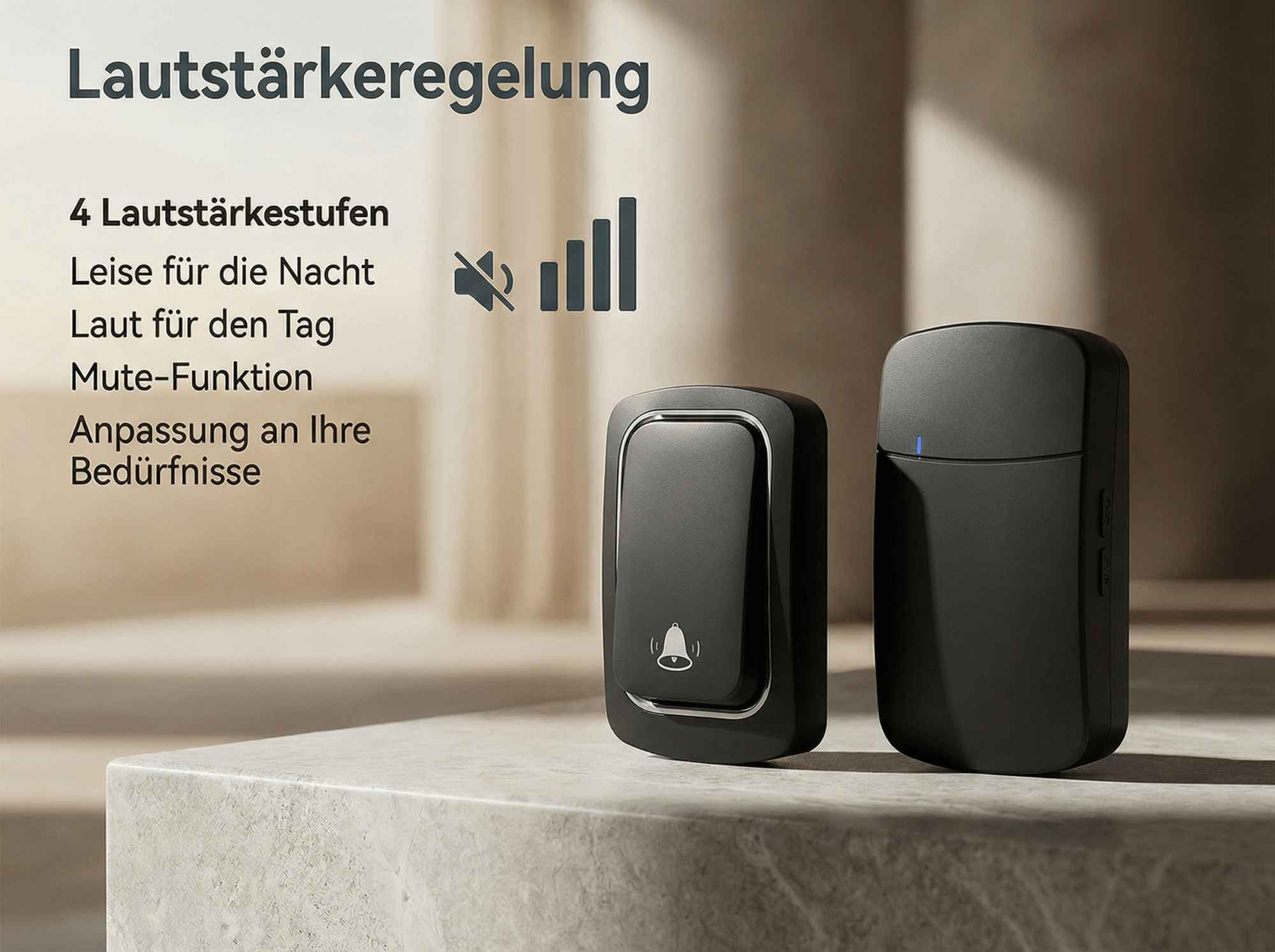Zwei schwarze Funkglocken auf Stein, mit Lautstärkesymbolen.