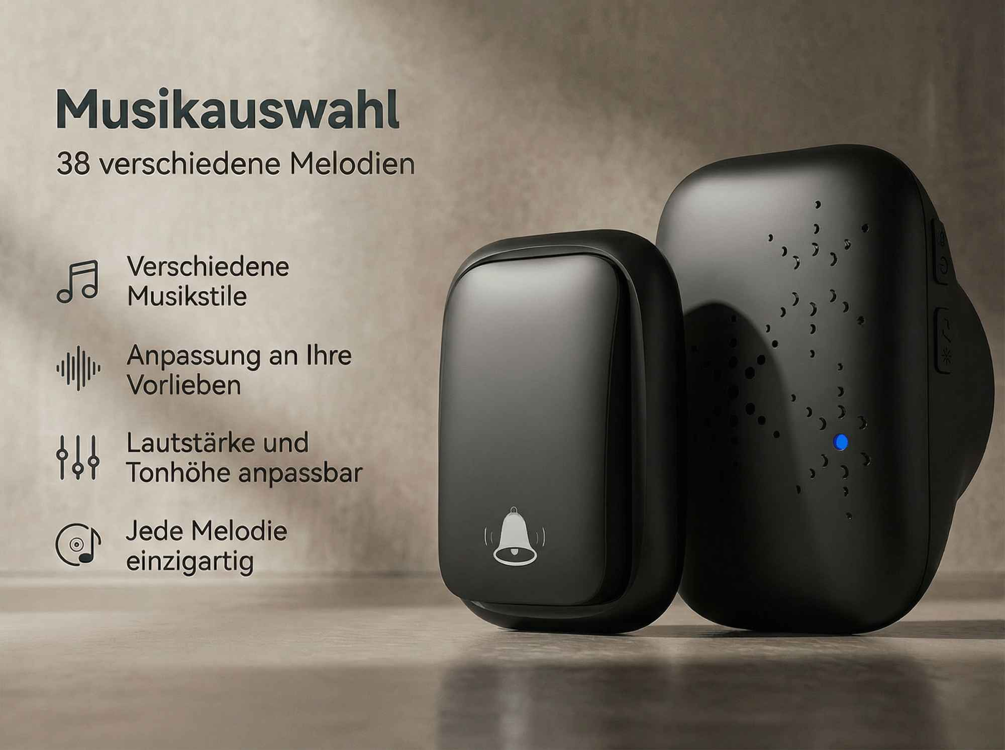 Zwei schwarze Türklingel-Sender und -Empfänger mit verschiedenen Melodien und Anpassungsoptionen.