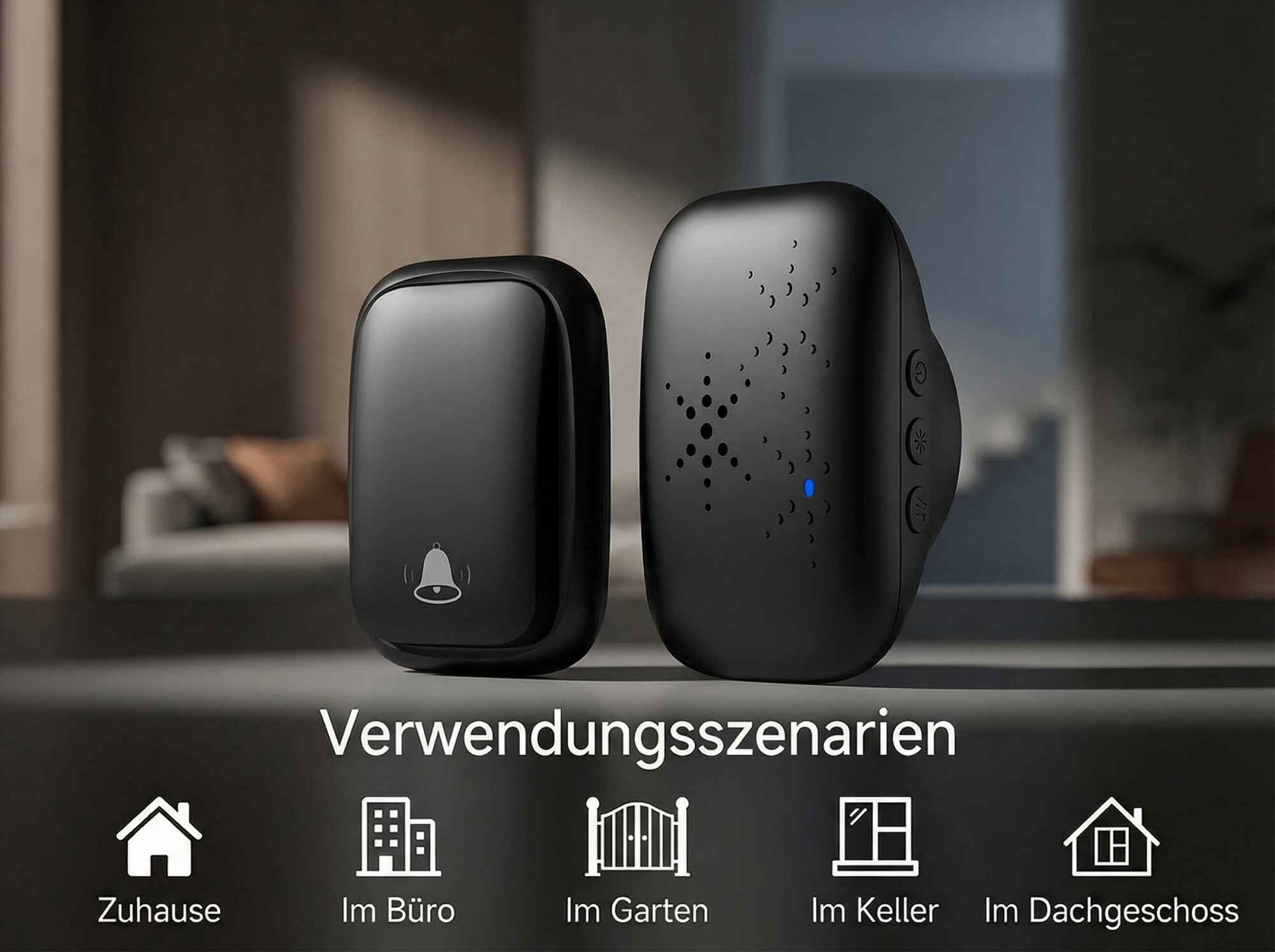 Zwei schwarze Türklingeln auf einem Tisch, mit Icons für Zuhause, Büro, Garten, Keller.