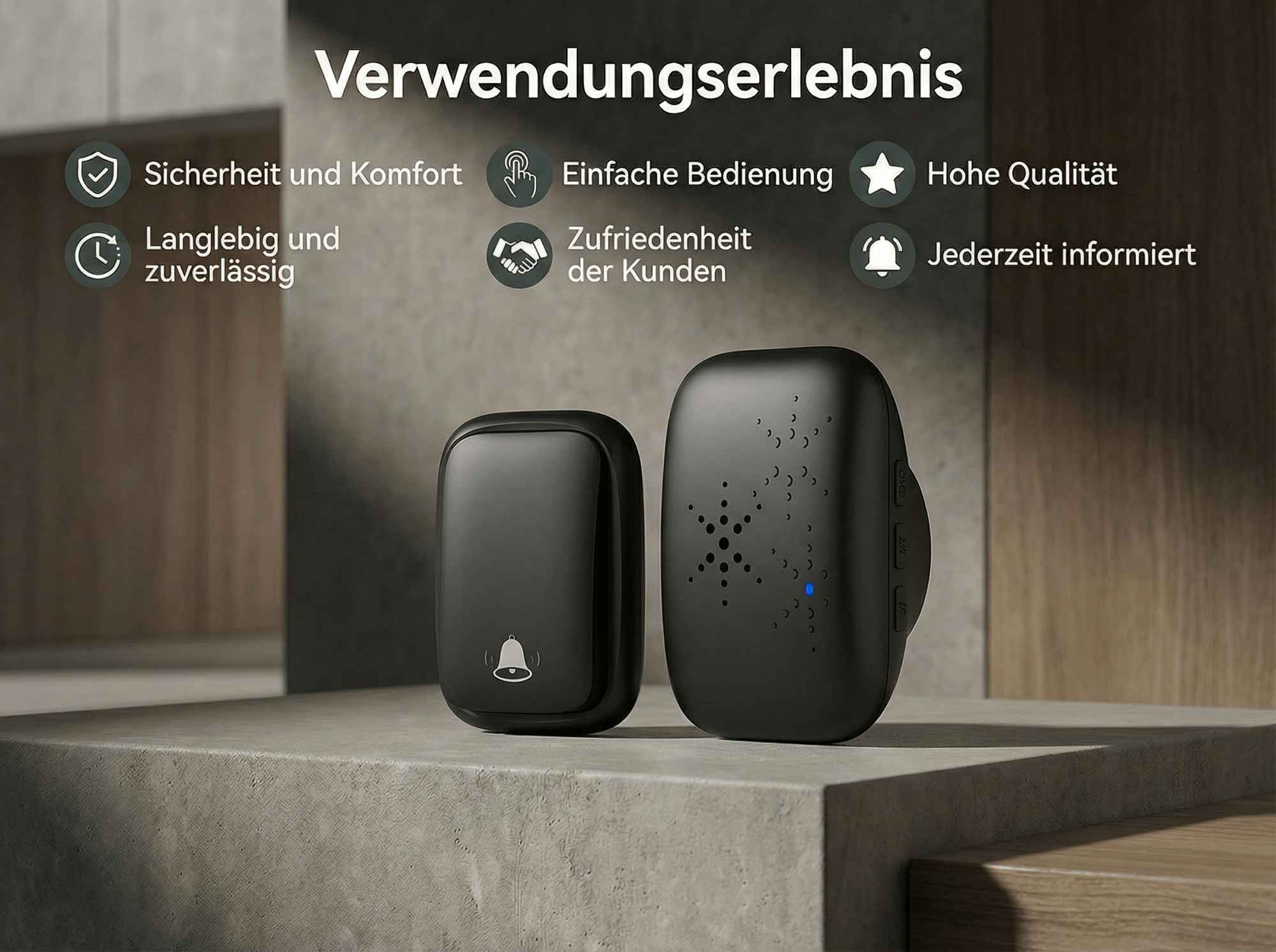 Zwei schwarze Türklingel-Sender auf einer Steinplatte.