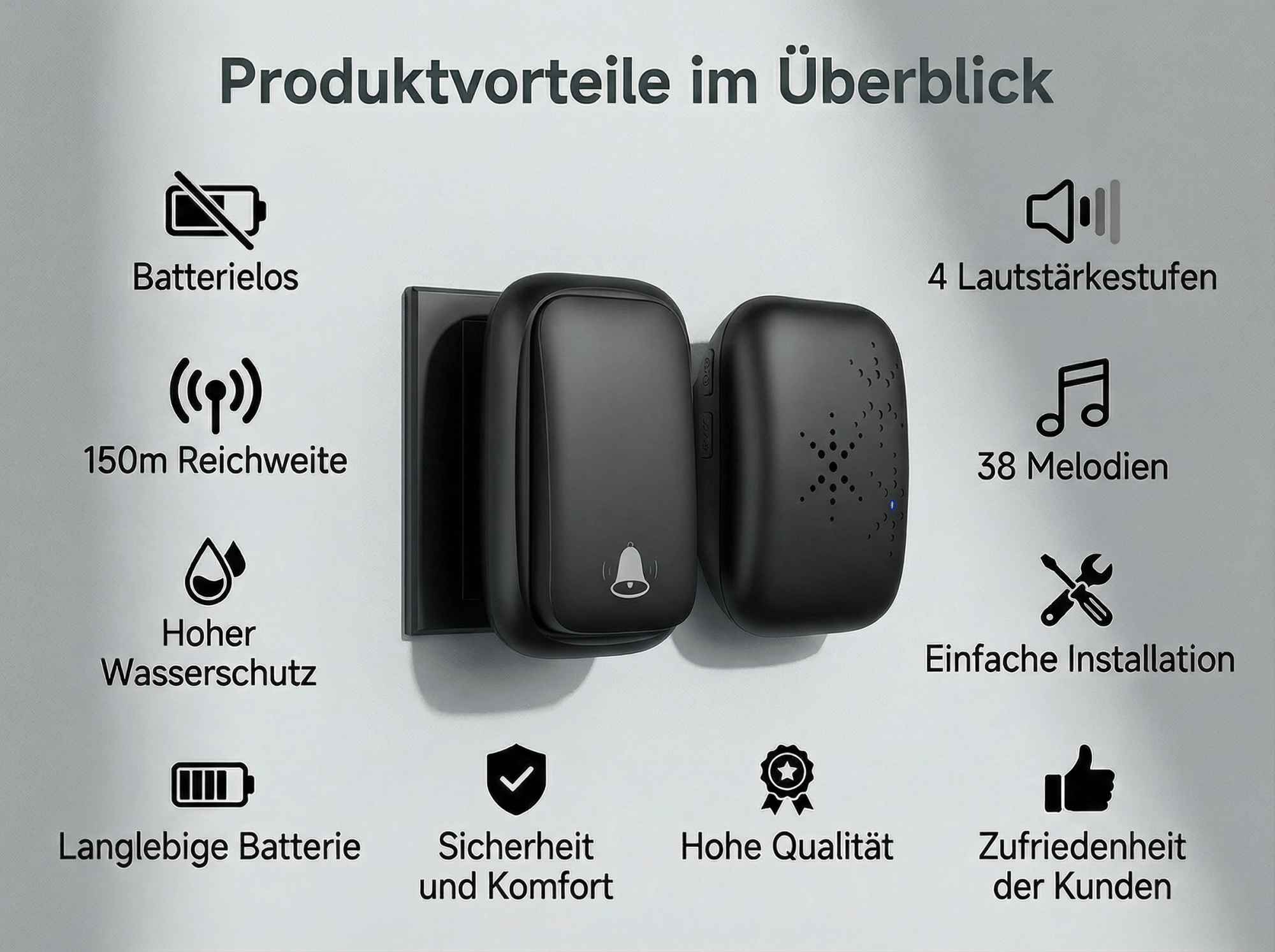 Produktübersicht: kabellos, 150m Reichweite, wasserdicht, lange Batterie.